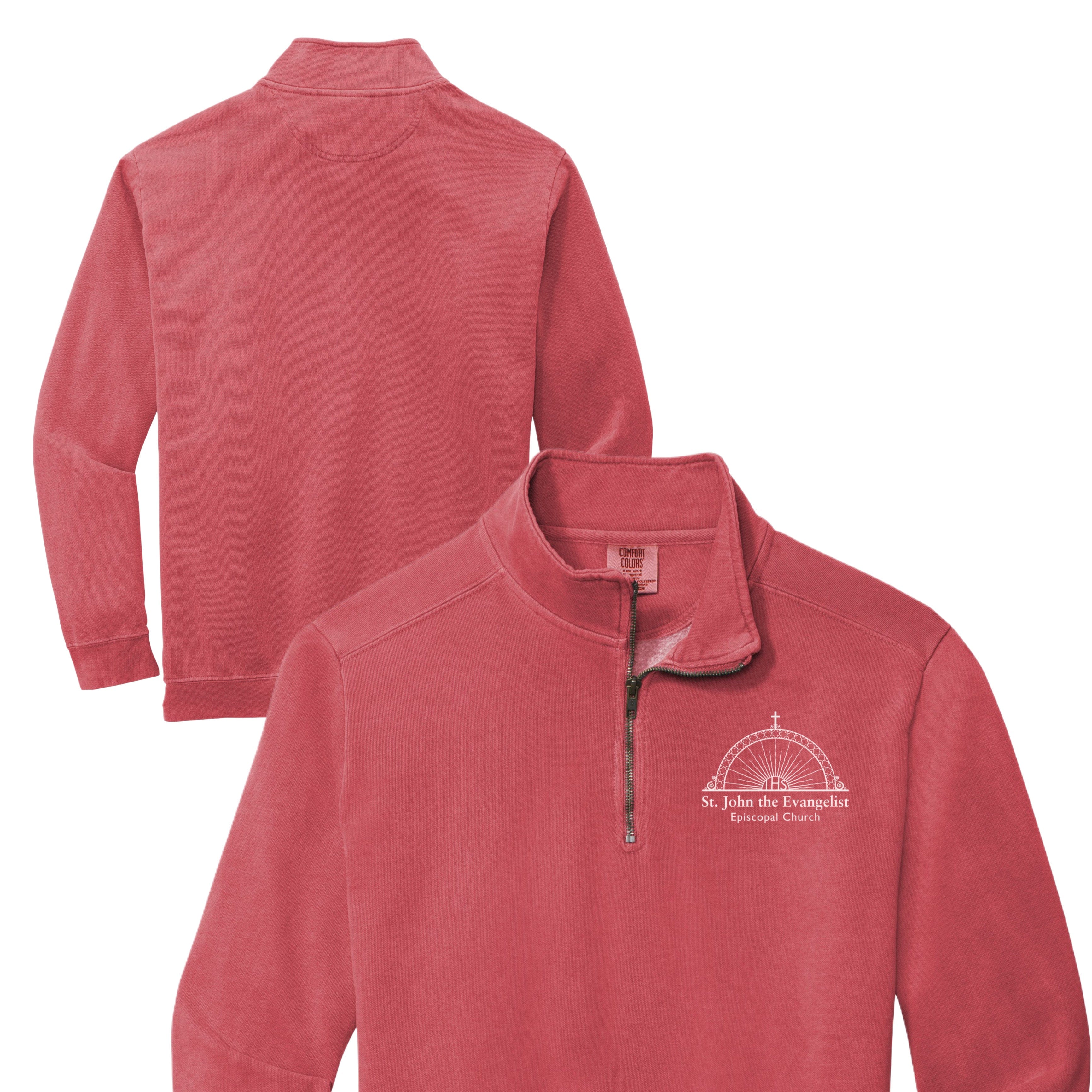Red pullover with a logo on the chest, shown from front and back views.