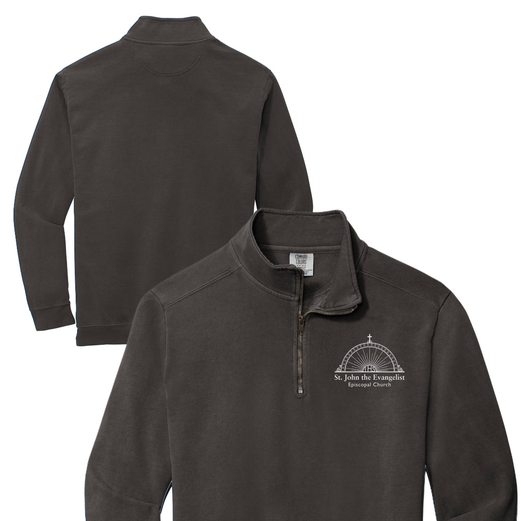Dark gray pullover with a logo on the chest, shown from front and back on a white background.