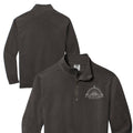 Dark gray pullover with a logo on the chest, shown from front and back on a white background.