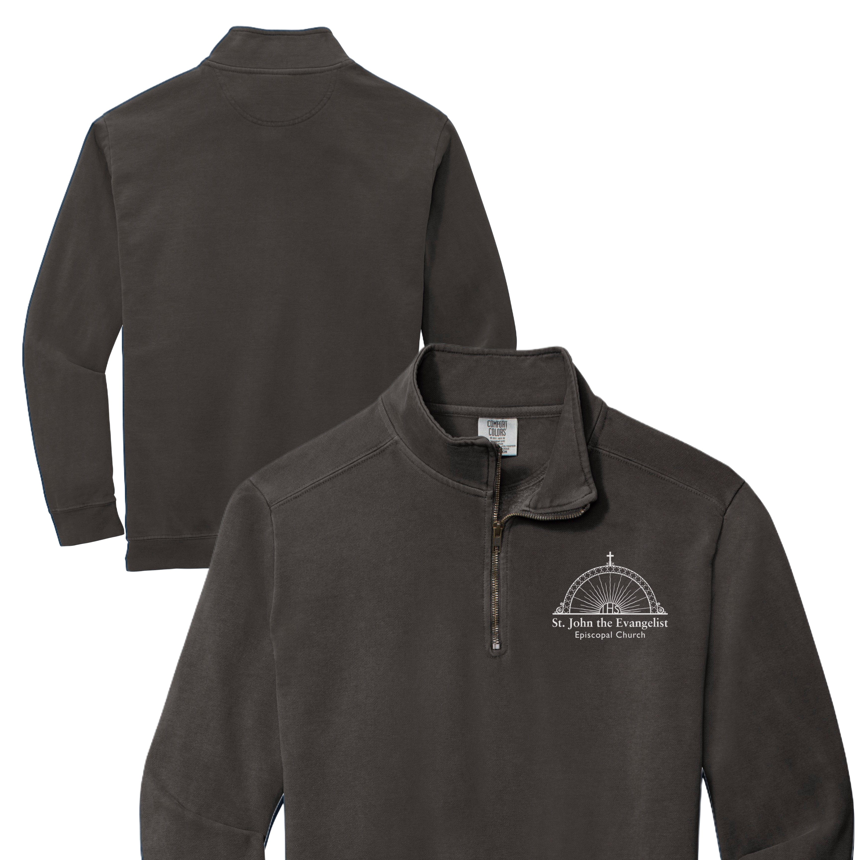 Dark gray pullover with a logo on the chest, shown from front and back on a white background.