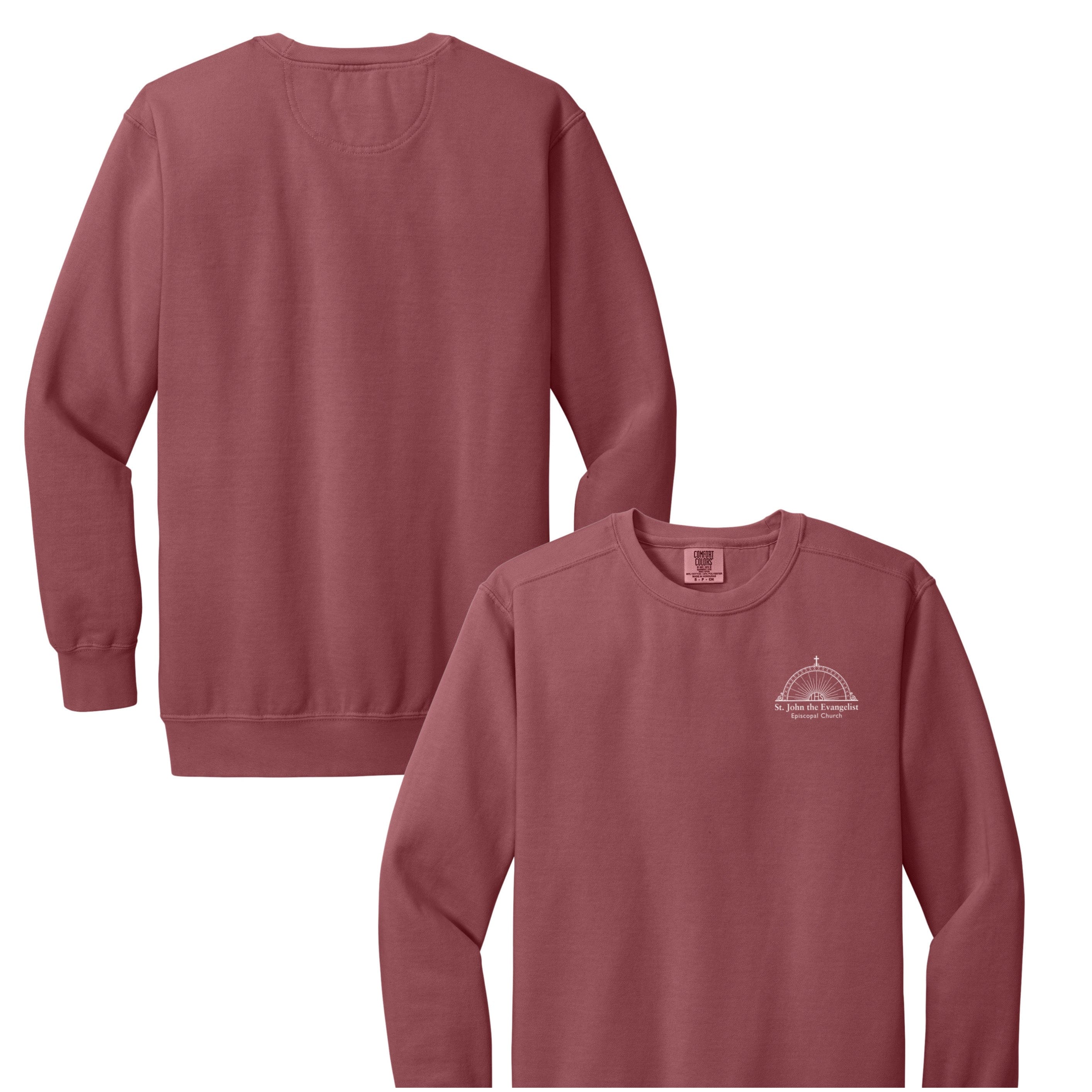 Maroon long-sleeve shirt with a logo on the chest, shown from front and back on a white background.