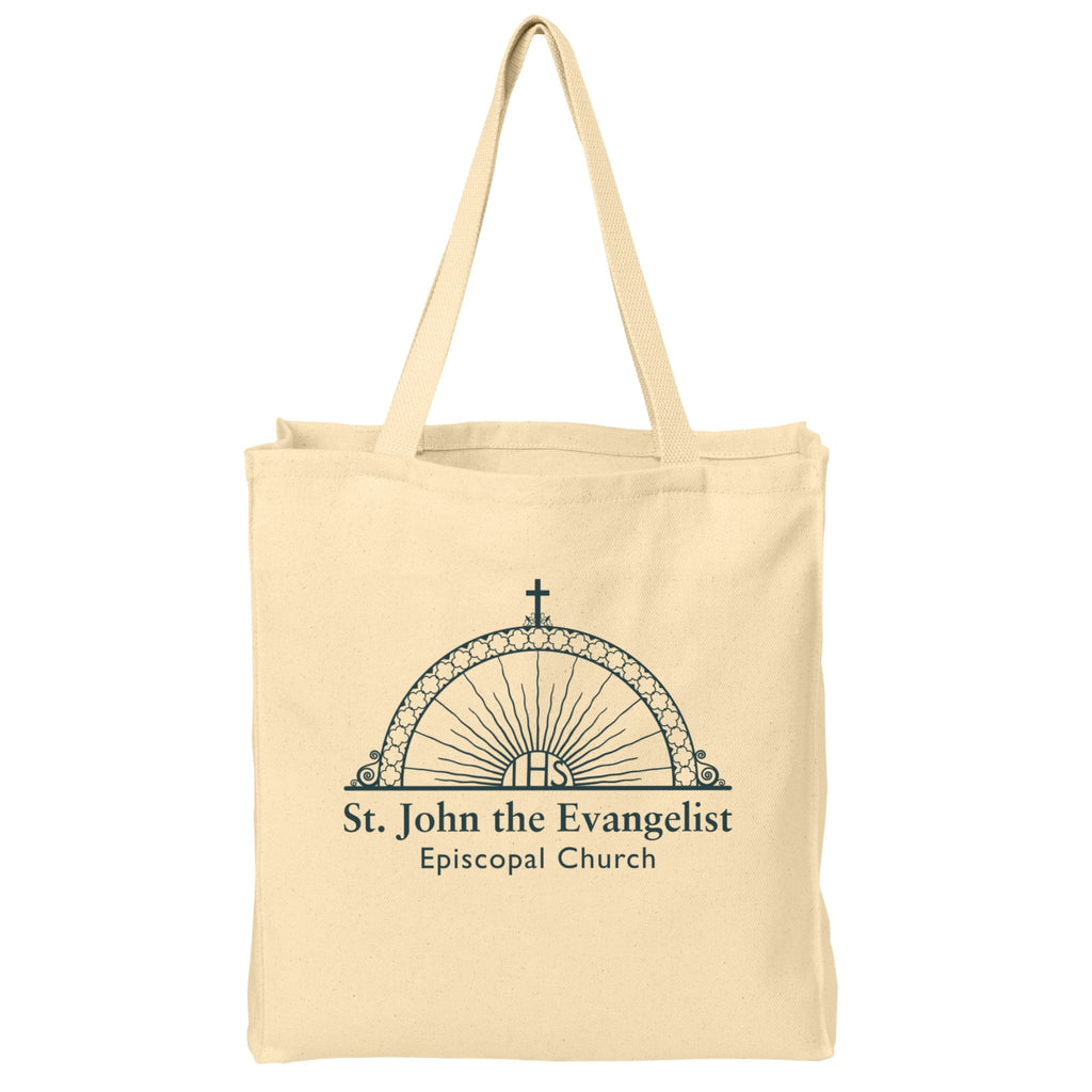 Beige tote bag with 'St. John the Evangelist Episcopal Church' design on a white background