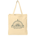 Beige tote bag with 'St. John the Evangelist Episcopal Church' design on a white background