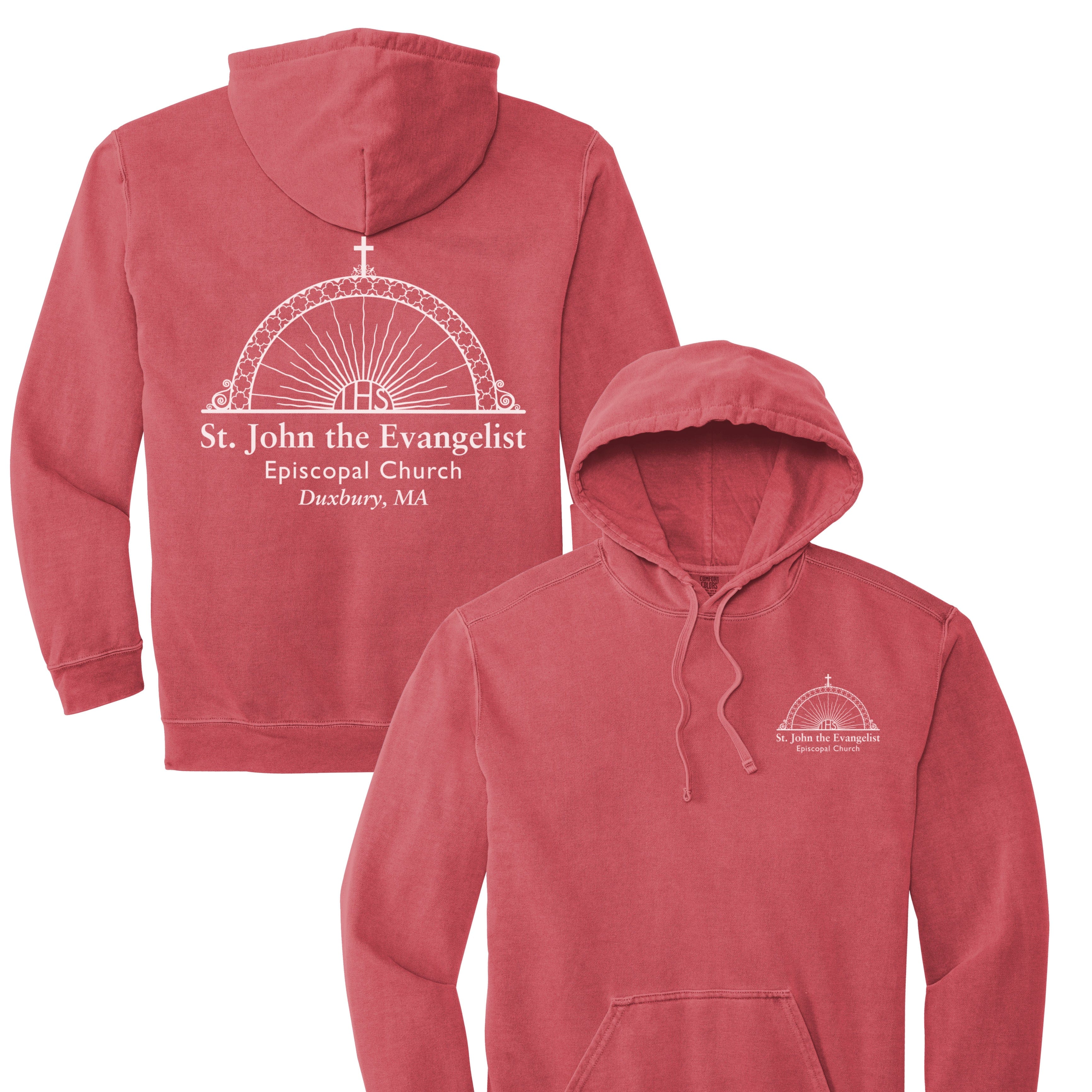 Red hoodie with St. John the Evangelist Episcopal Church logo on front and back