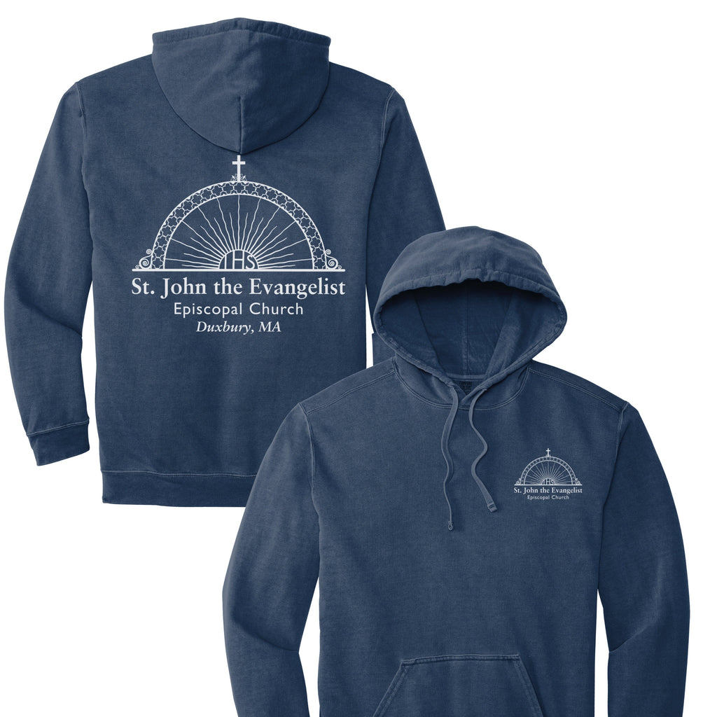 Navy blue hoodie with 'St. John the Evangelist Episcopal Church' logo on front and back