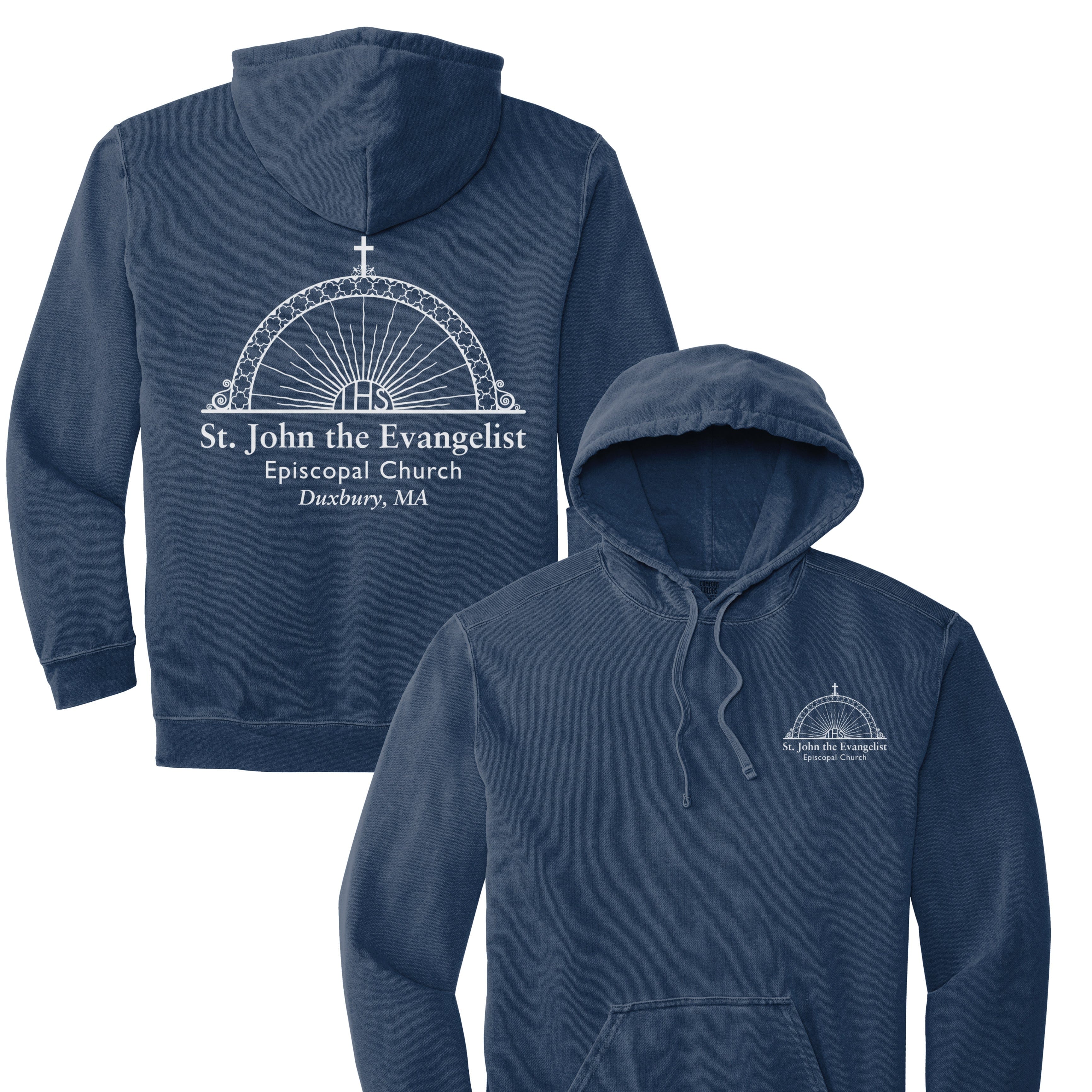 Navy blue hoodie with 'St. John the Evangelist Episcopal Church' logo on front and back