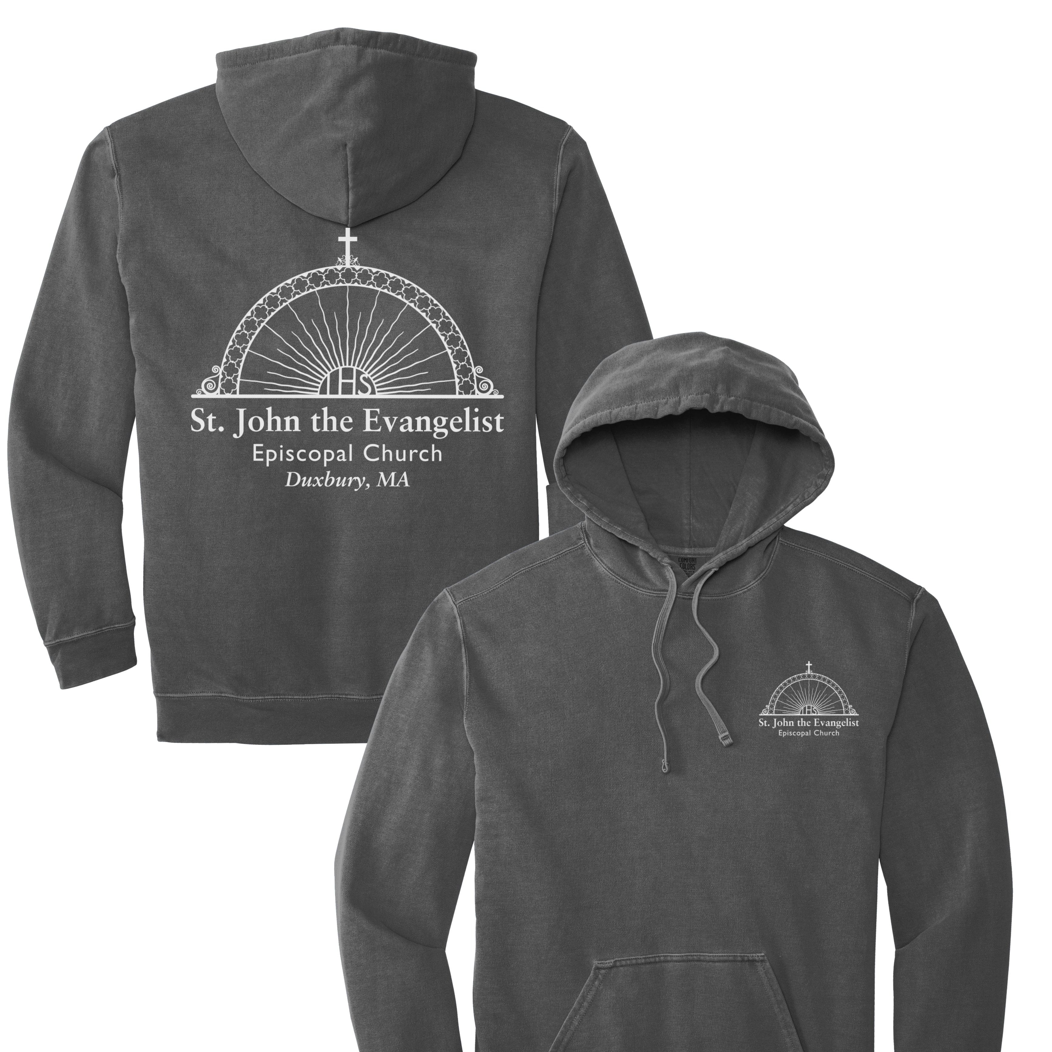 Gray hoodie with 'St. John the Evangelist Episcopal Church' logo on front and back