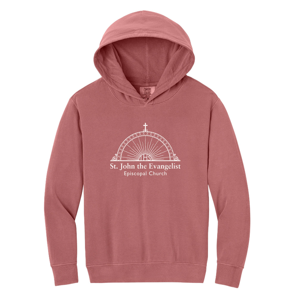 Pink hoodie with 'St. John the Evangelist Episcopal Church' logo on a white background