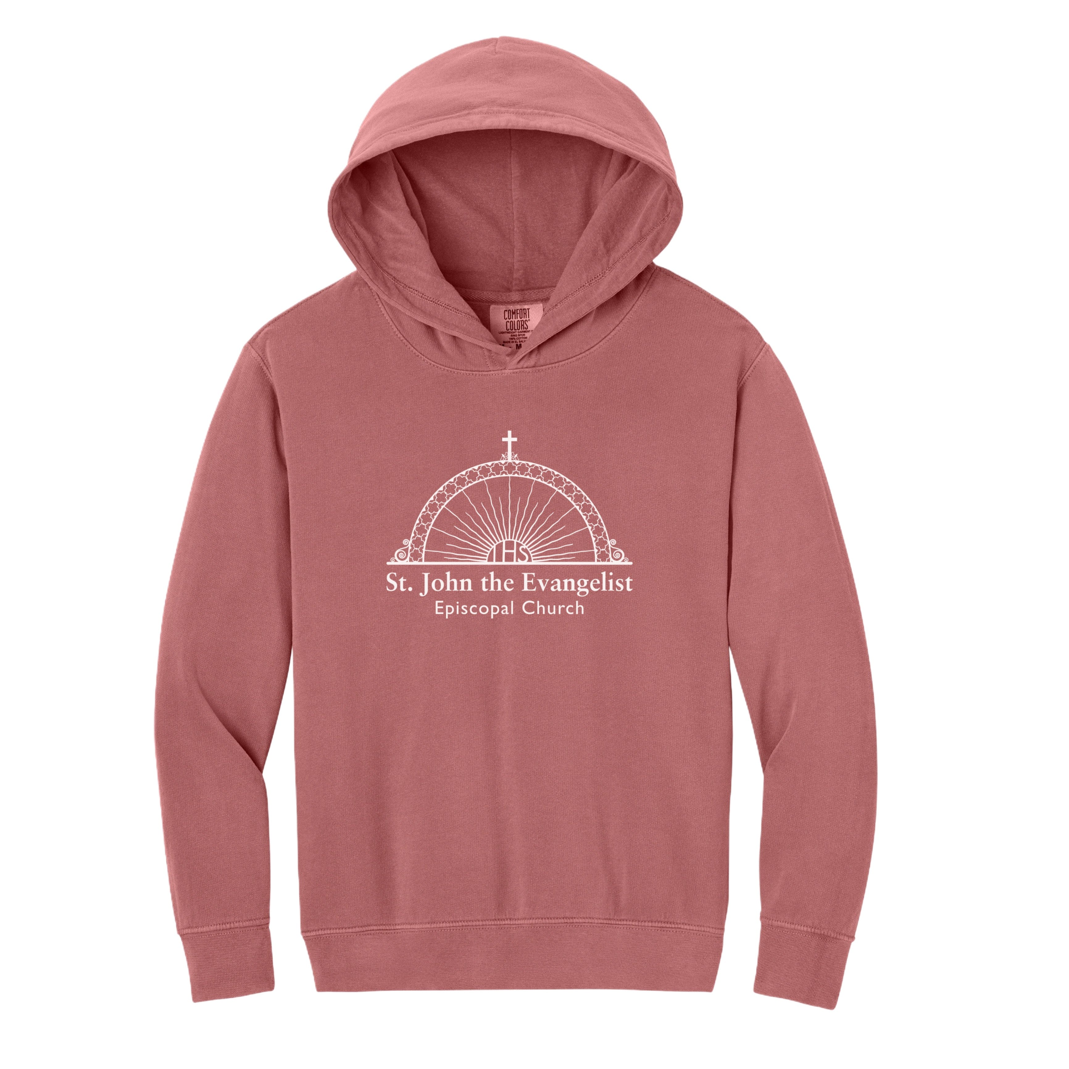 Pink hoodie with 'St. John the Evangelist Episcopal Church' logo on a white background