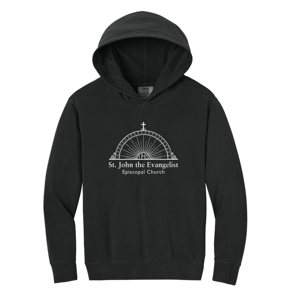 Black hoodie with 'St. John the Evangelist Episcopal Church' logo on a white background