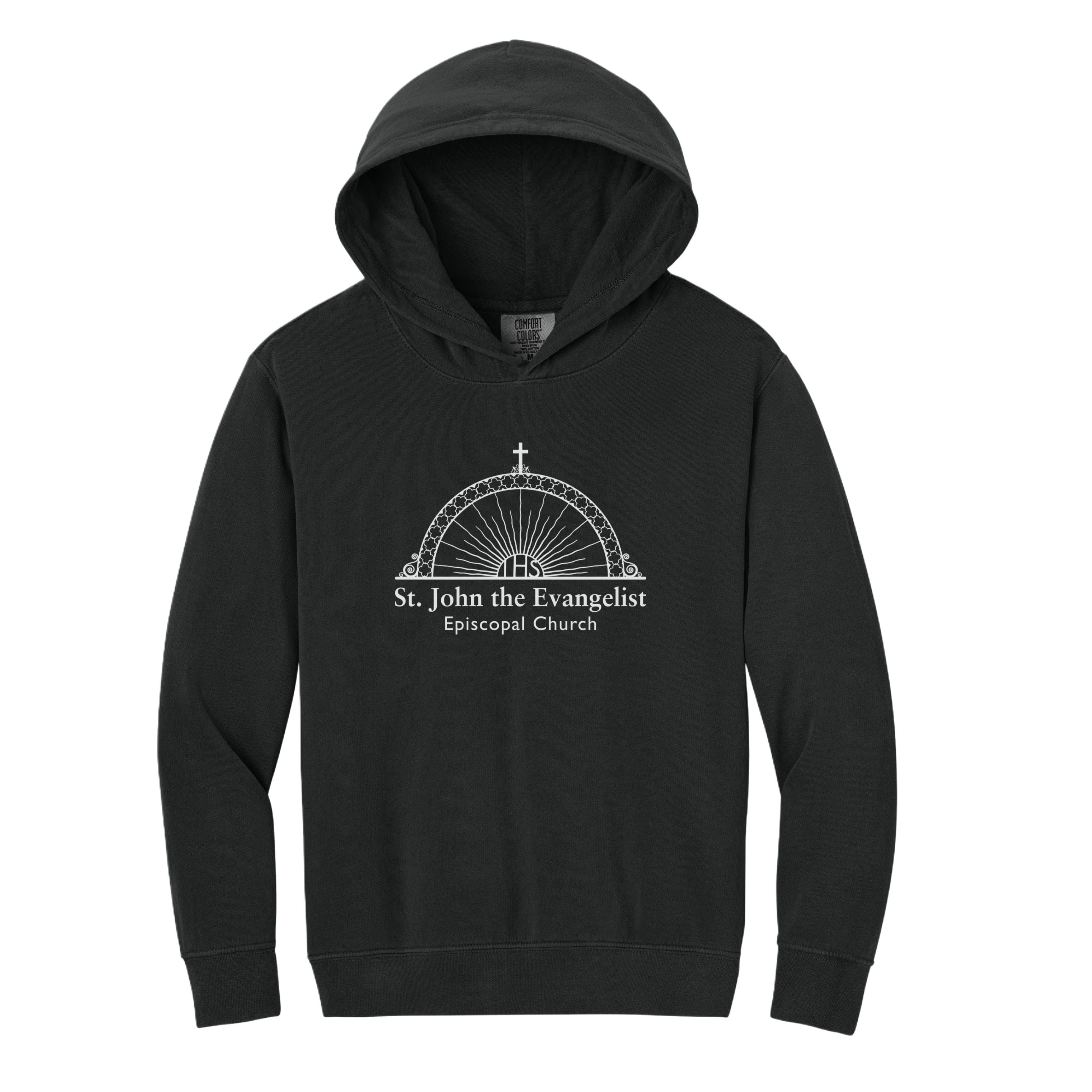 Black hoodie with 'St. John the Evangelist Episcopal Church' logo on a white background