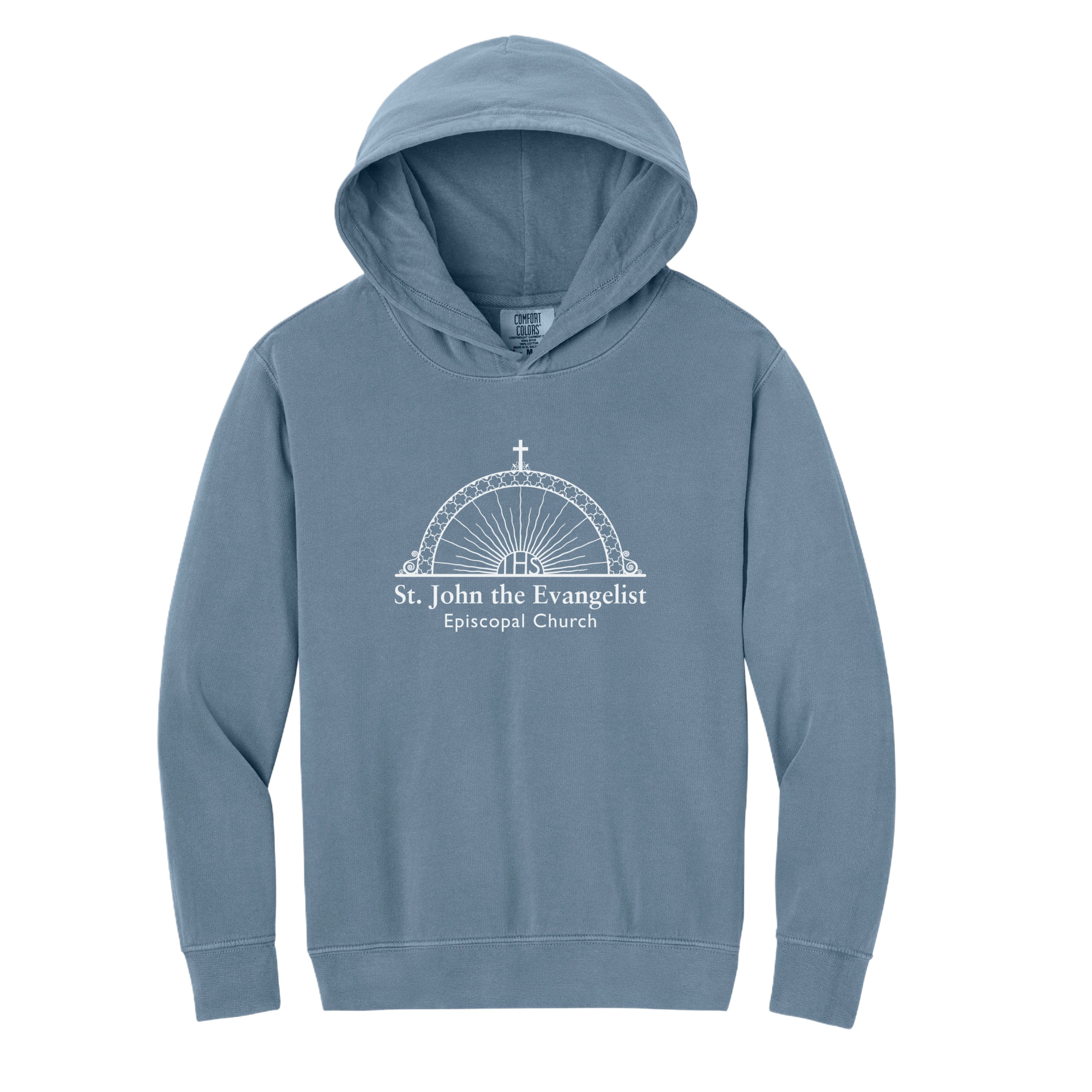Blue hoodie with 'St. John the Evangelist Episcopal Church' logo on a white background