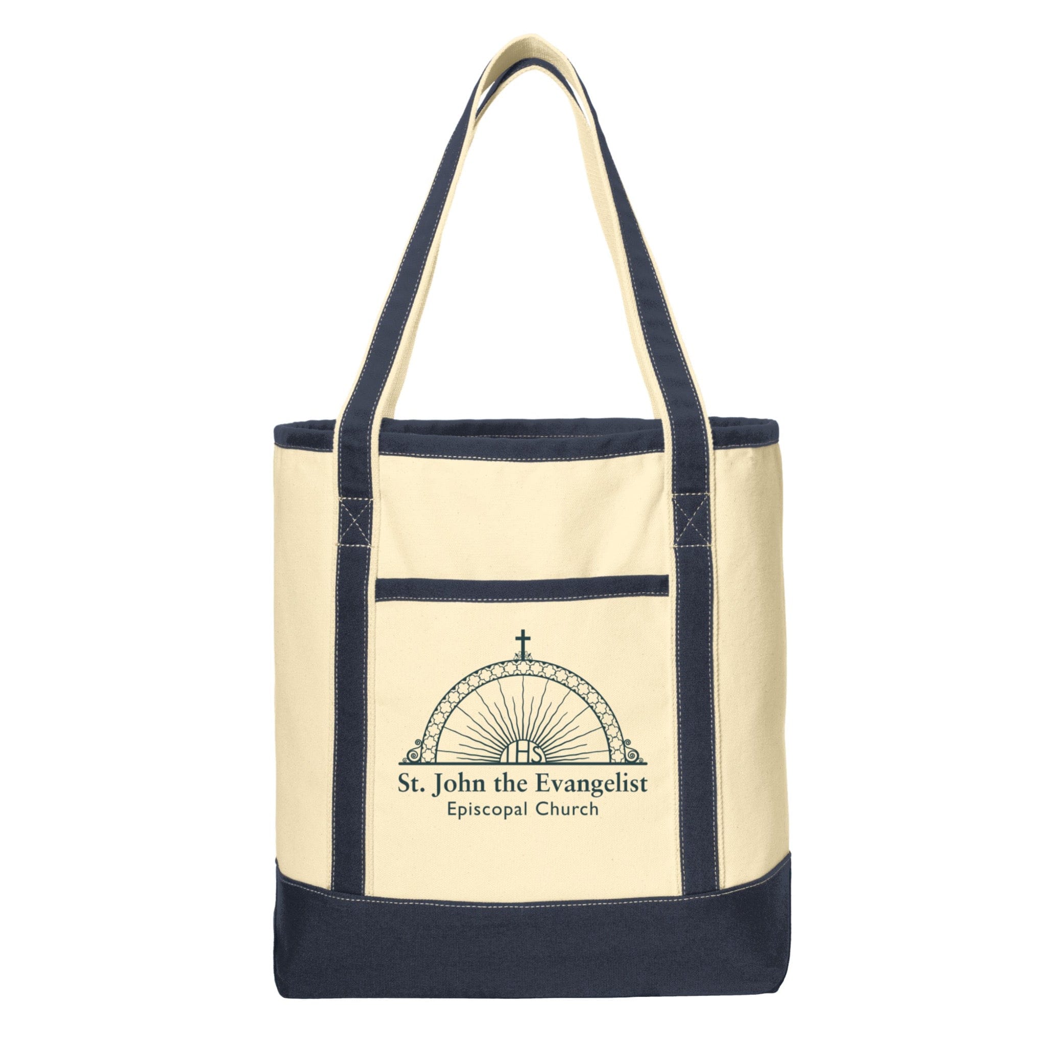 Beige tote bag with navy accents featuring 'St. John the Evangelist Episcopal Church' logo on a white background