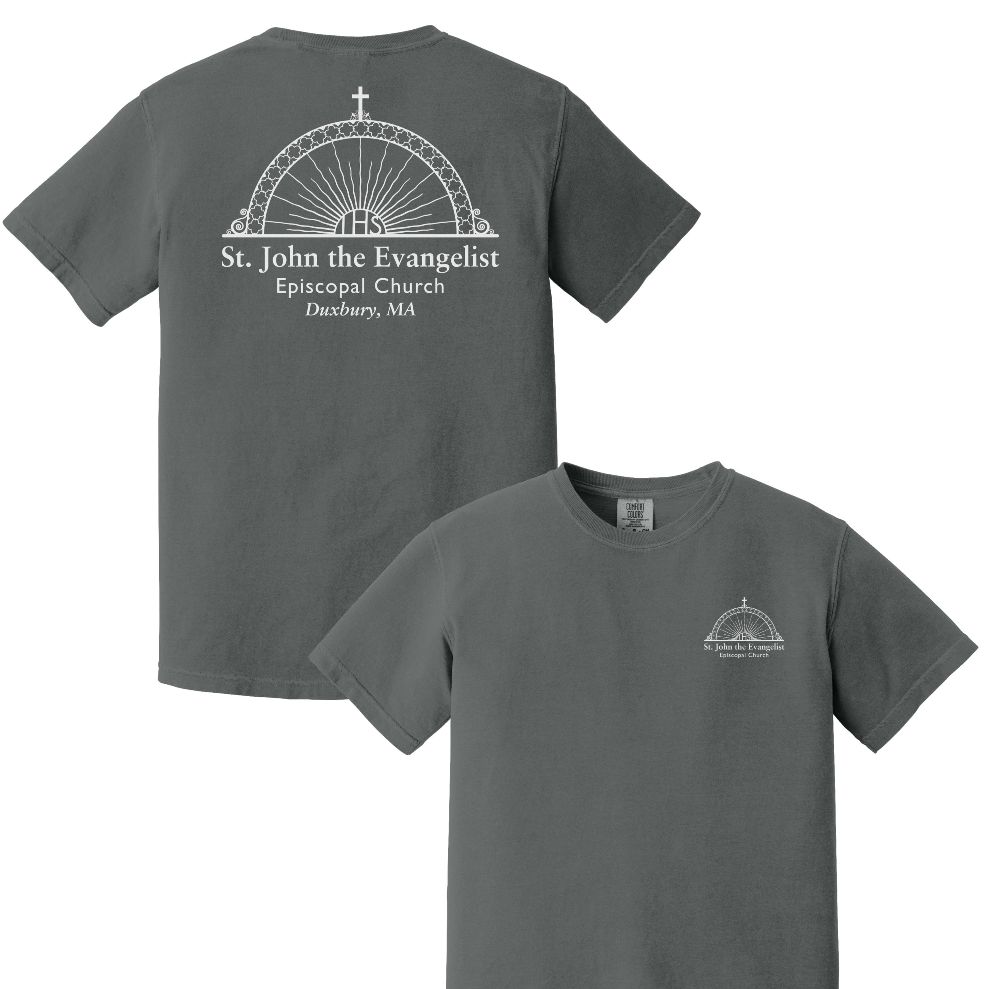 Gray t-shirt with 'St. John the Evangelist Episcopal Church' design on a white background