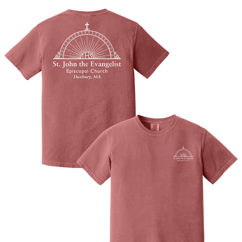 Red t-shirt with 'St. John the Evangelist Episcopal Church' design on a white background