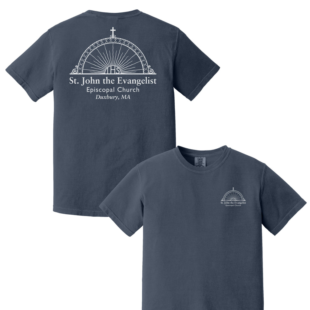 Navy blue t-shirt with white graphic and text on a white background