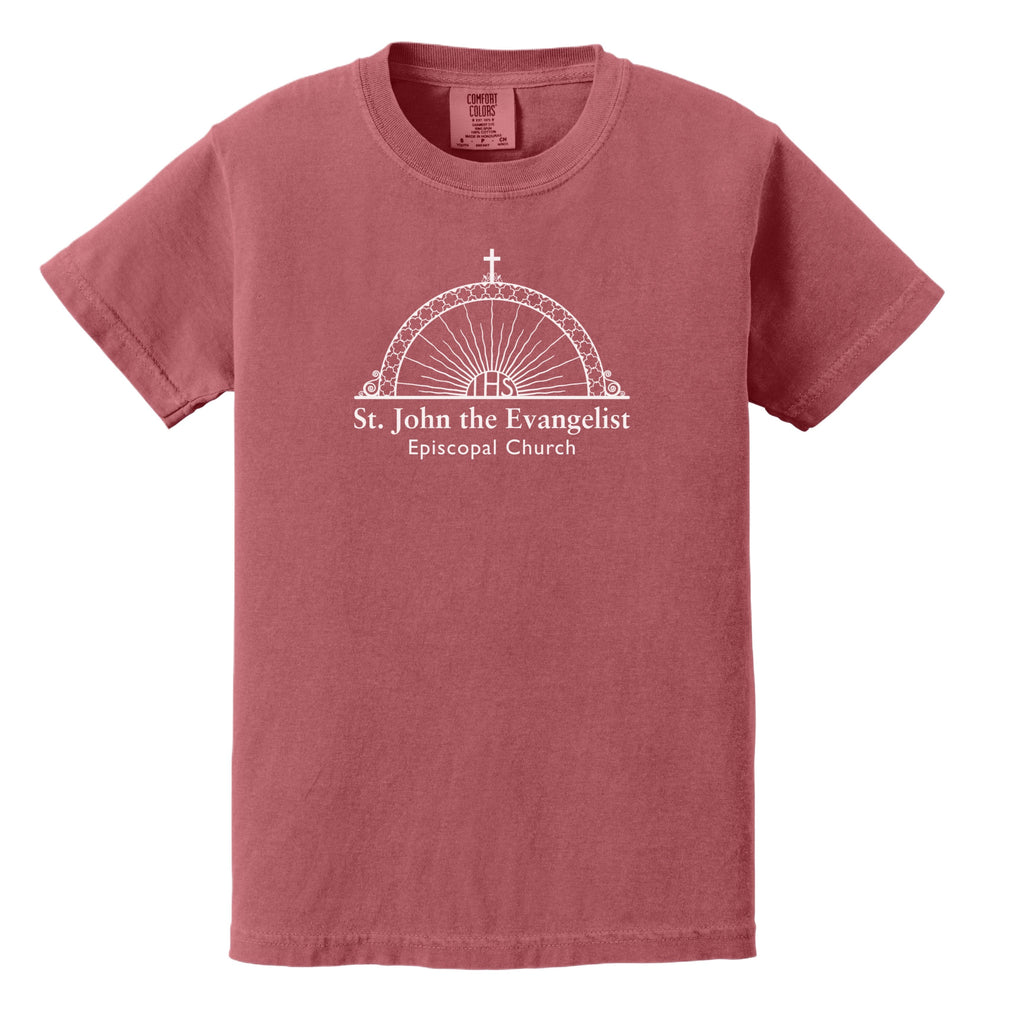 Red t-shirt with 'St. John the Evangelist Episcopal Church' logo on a white background