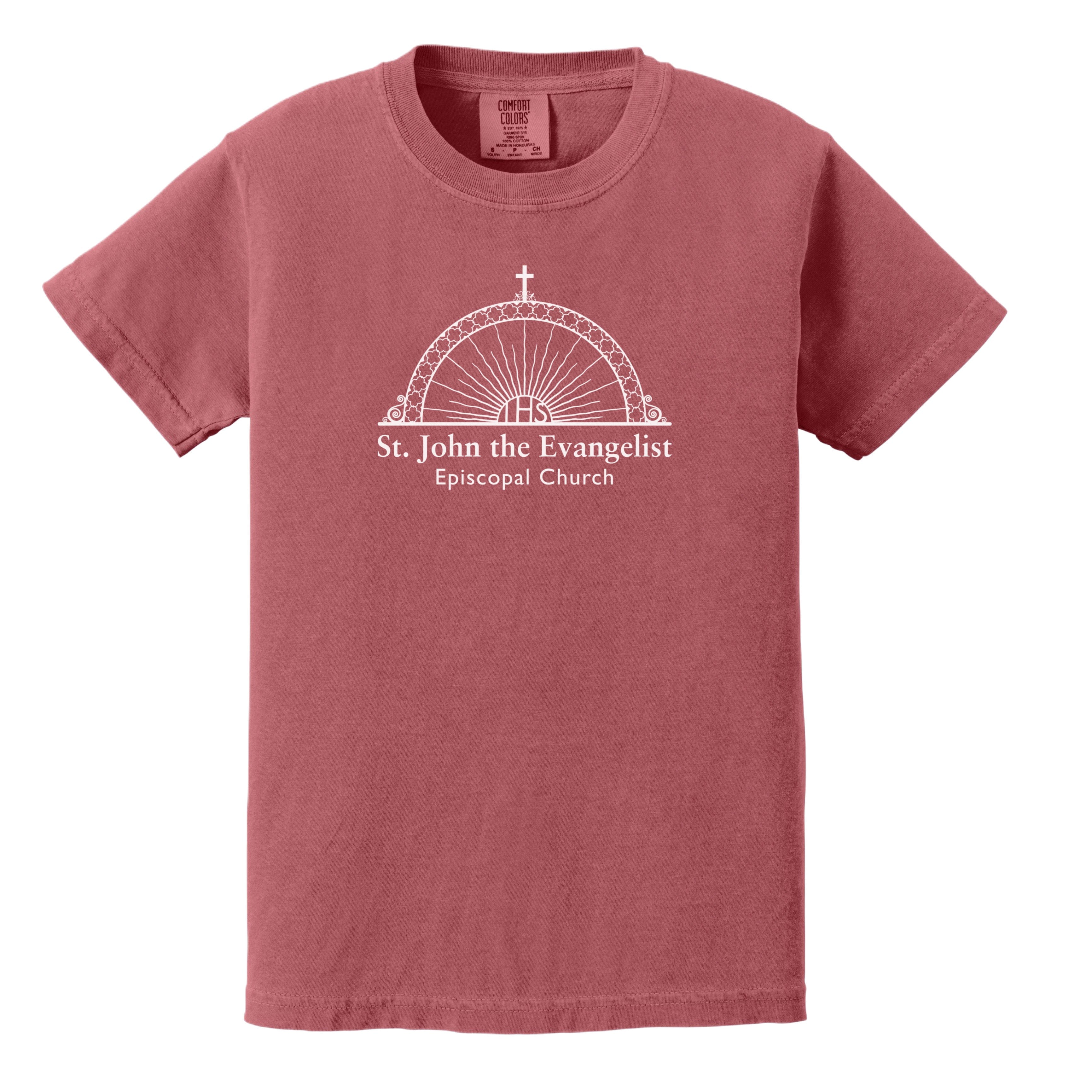 Red t-shirt with 'St. John the Evangelist Episcopal Church' logo on a white background