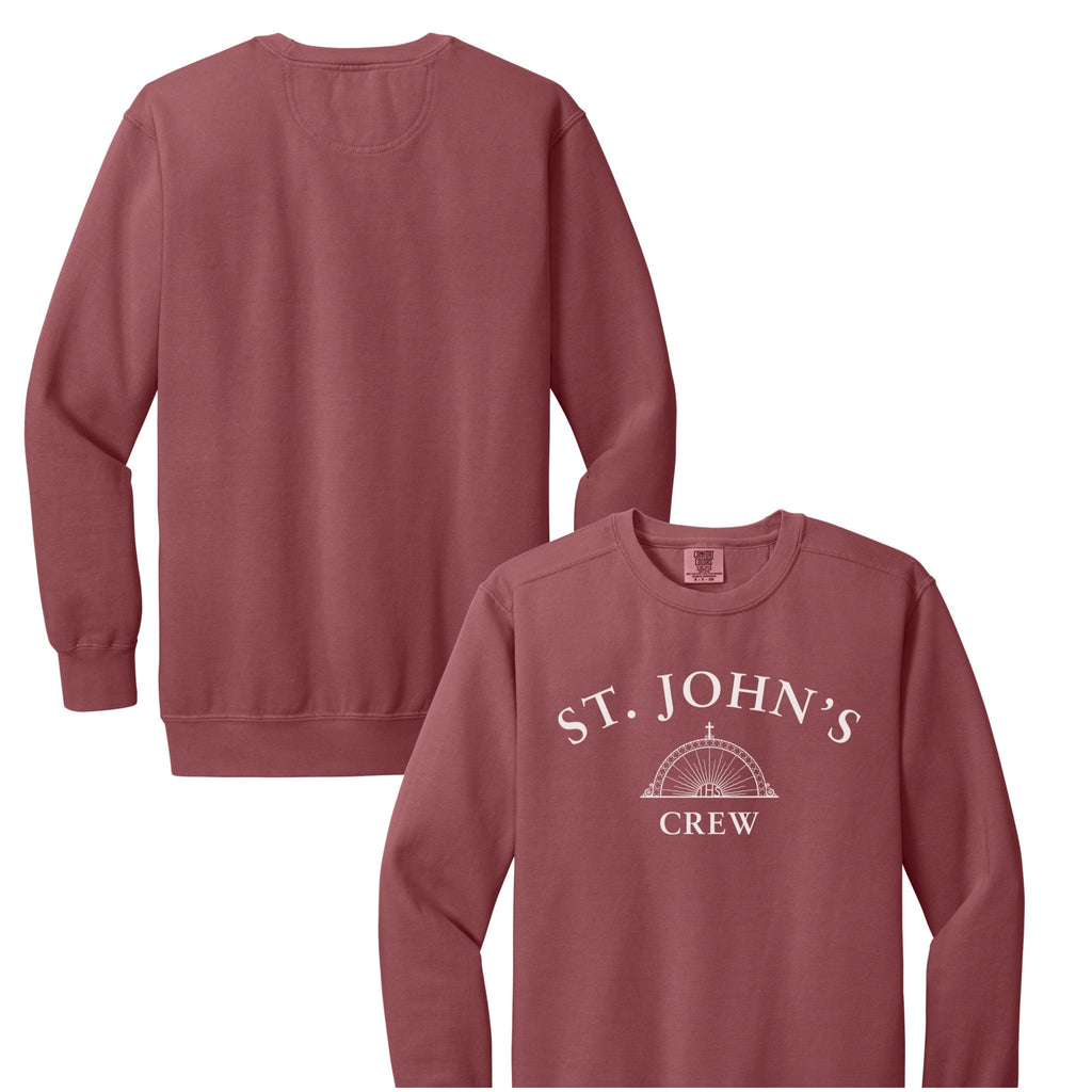 Maroon sweatshirt with 'St. John's Crew' text on a white background
