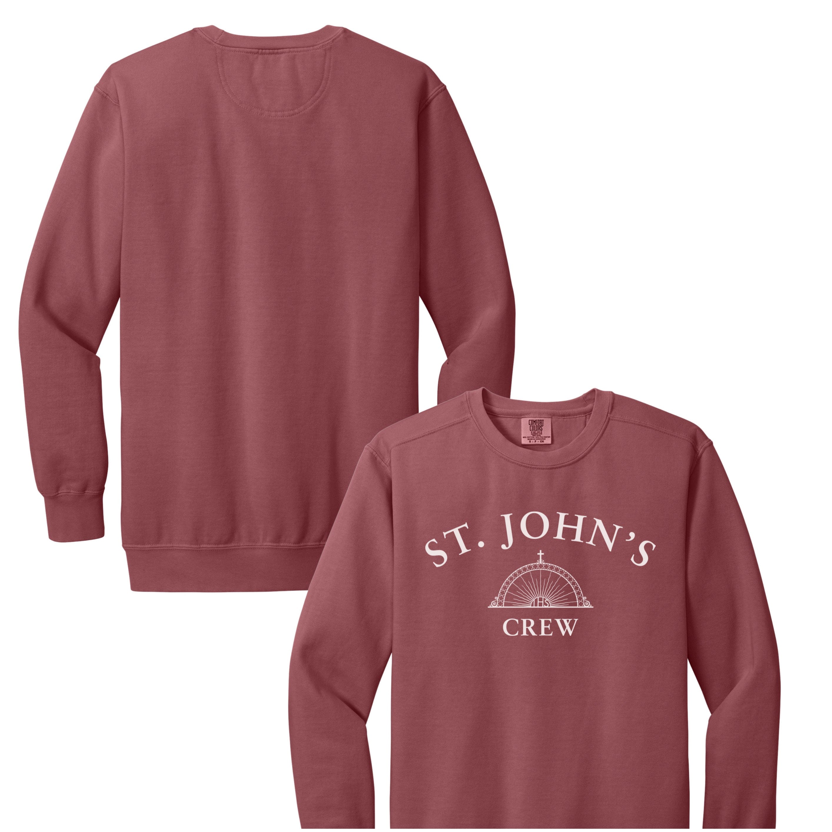 Maroon sweatshirt with 'St. John's Crew' text on a white background