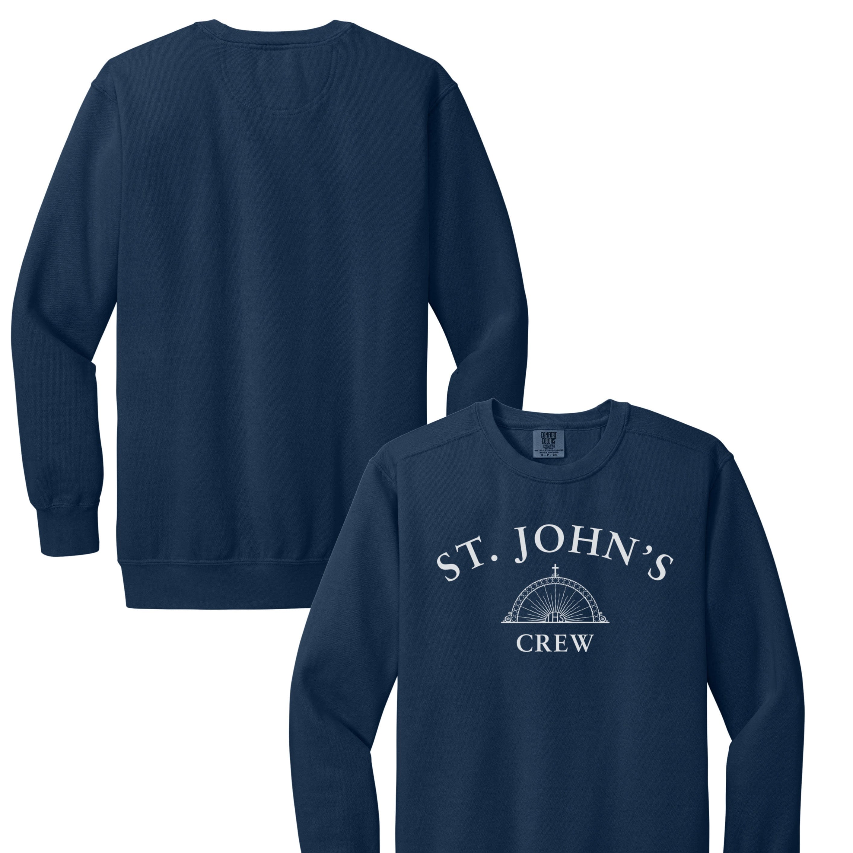 Navy blue sweatshirt with 'St. John's Crew' text and logo on a white background