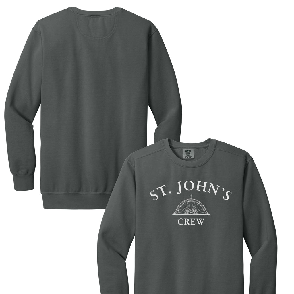 Gray sweatshirt with 'St. John's Crew' text on a white background