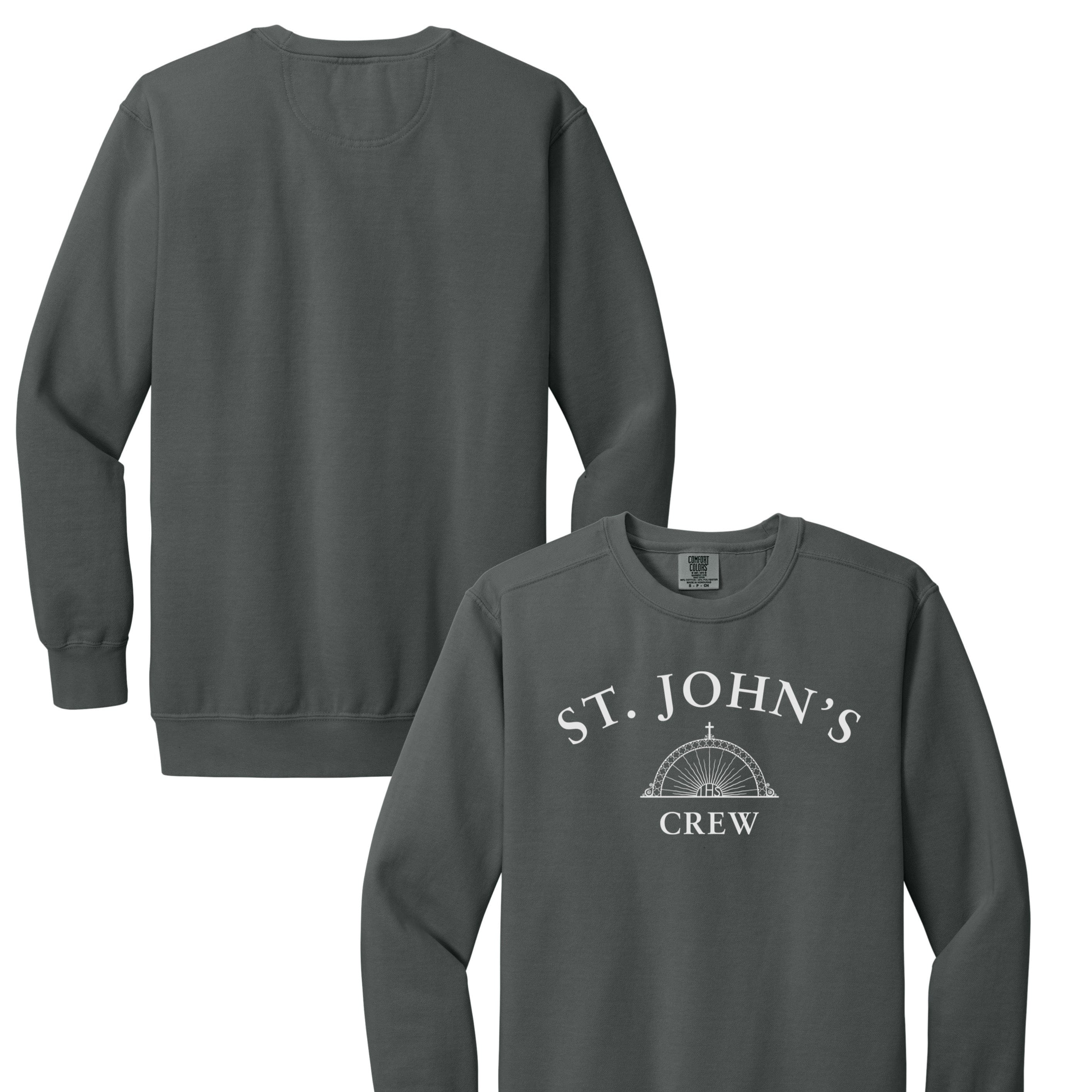 Gray sweatshirt with 'St. John's Crew' text on a white background