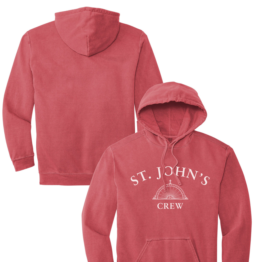 Red hoodie with 'St. John's Crew' text on a white background
