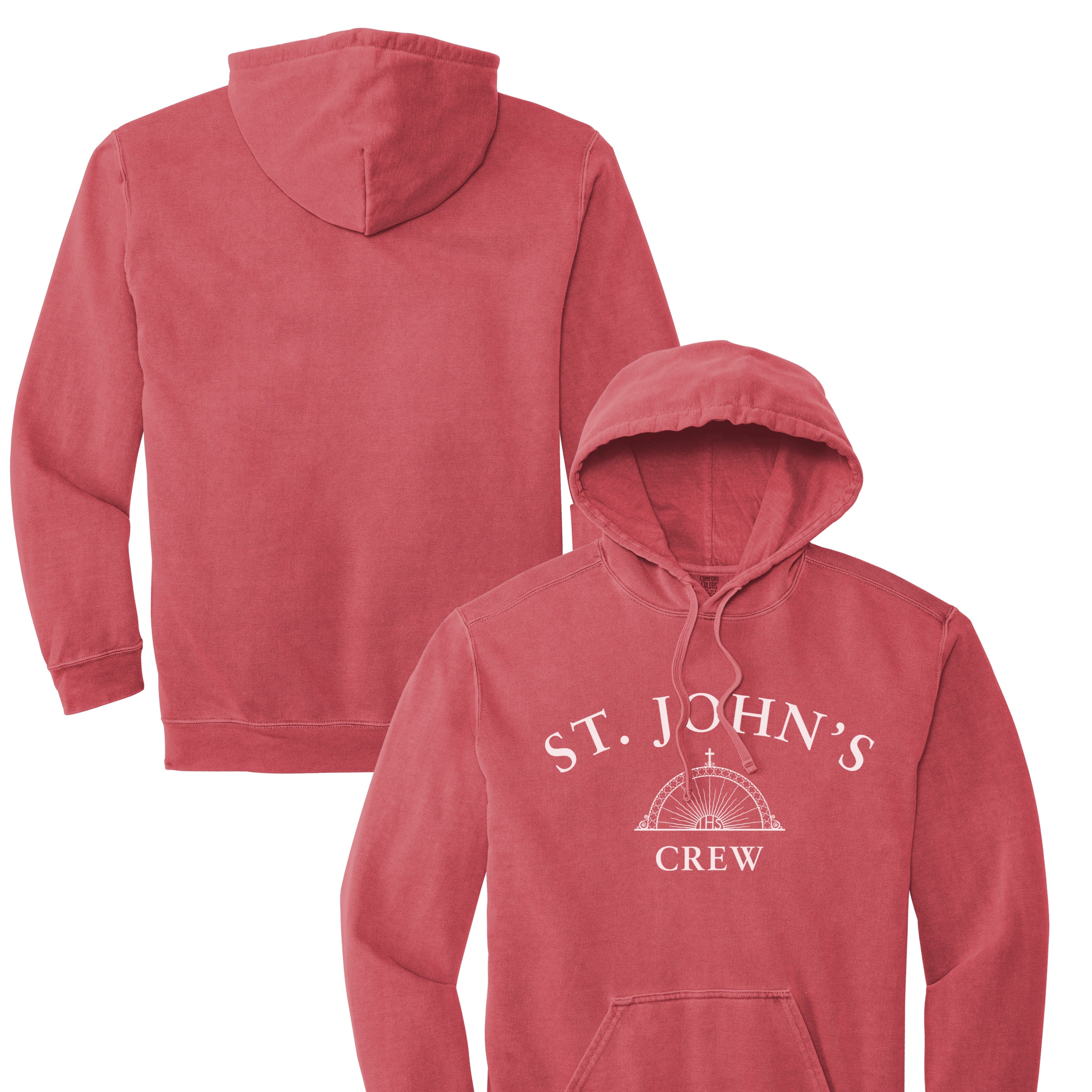 Red hoodie with 'St. John's Crew' text on a white background