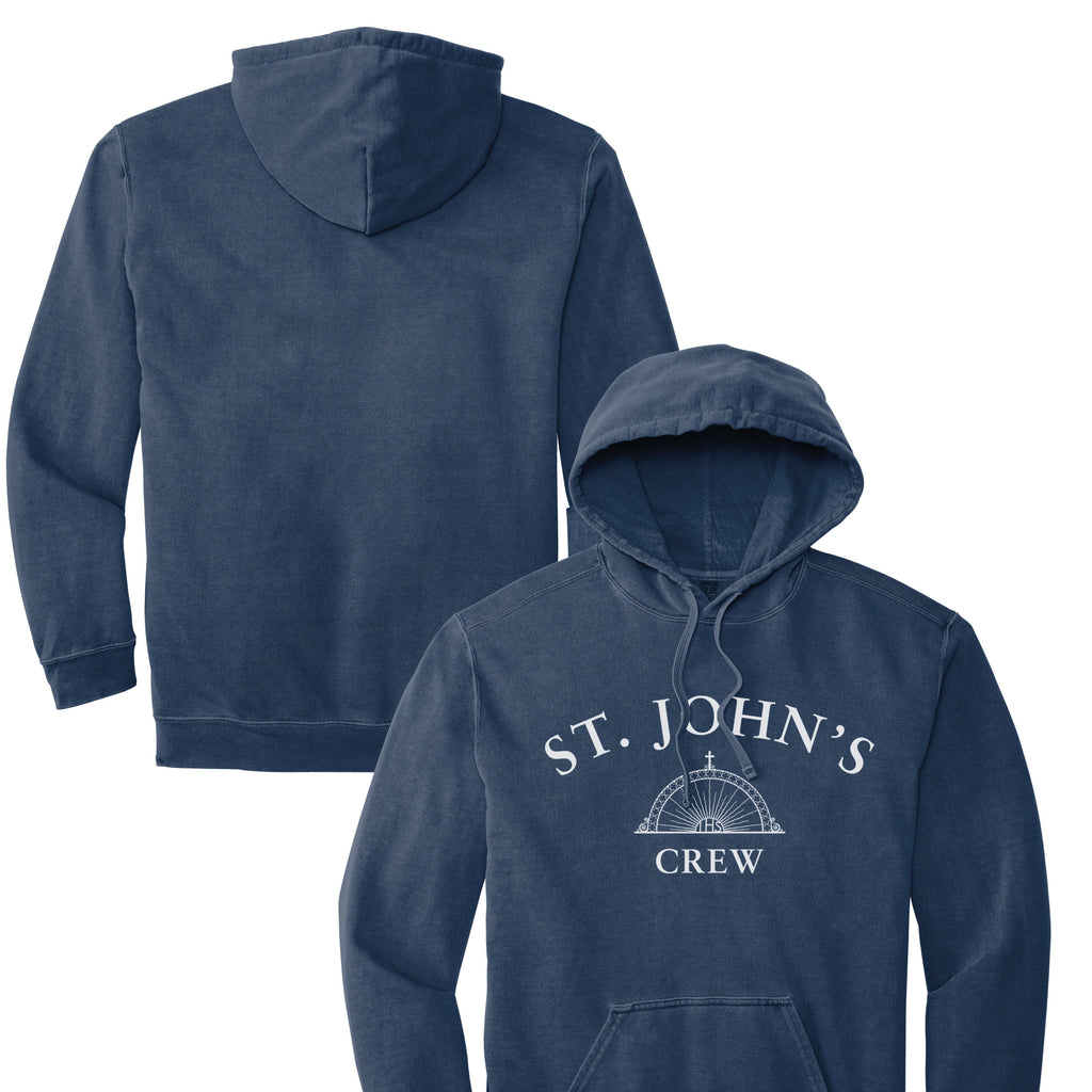 Navy hoodie with 'St. John's Crew' logo on a white background