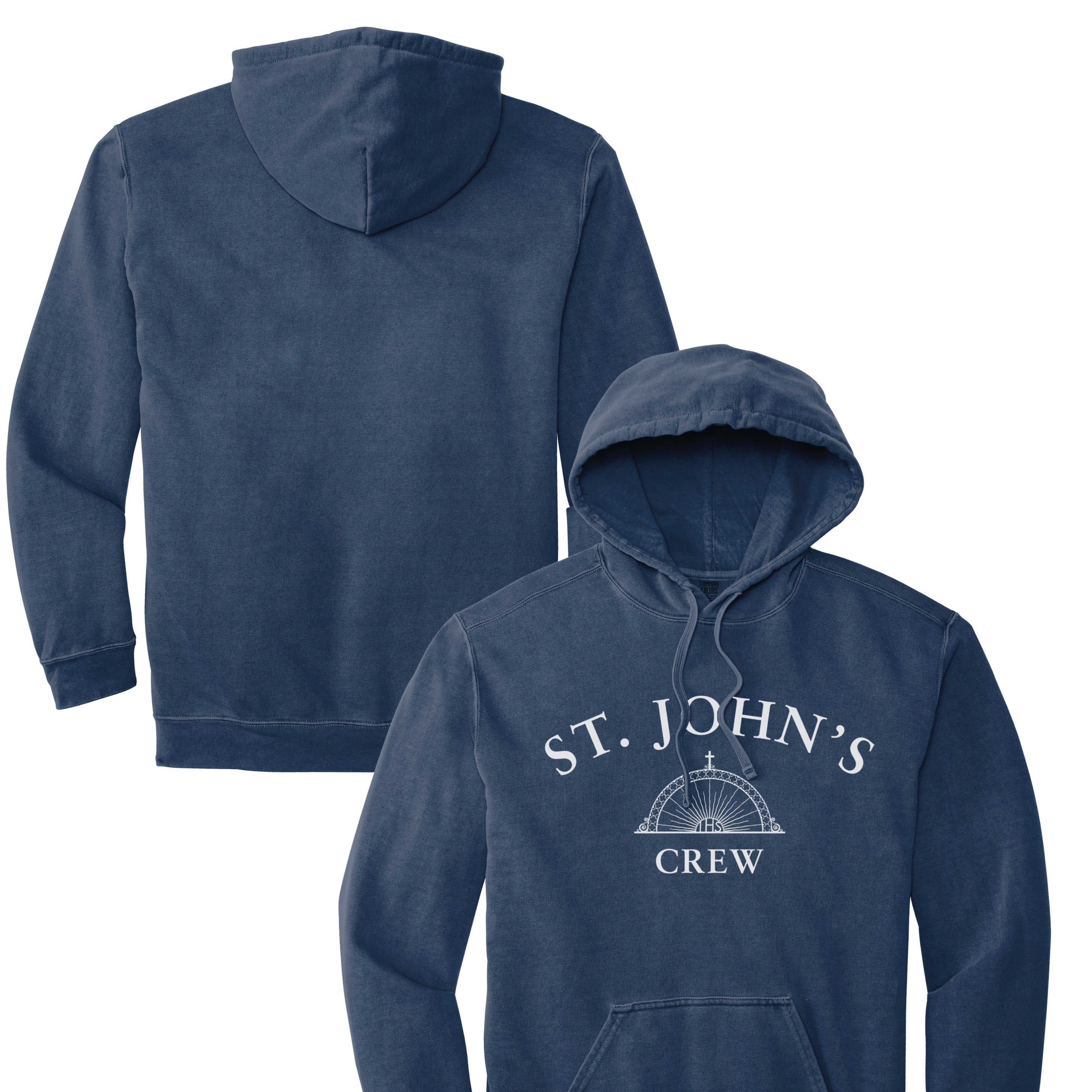 Navy hoodie with 'St. John's Crew' logo on a white background