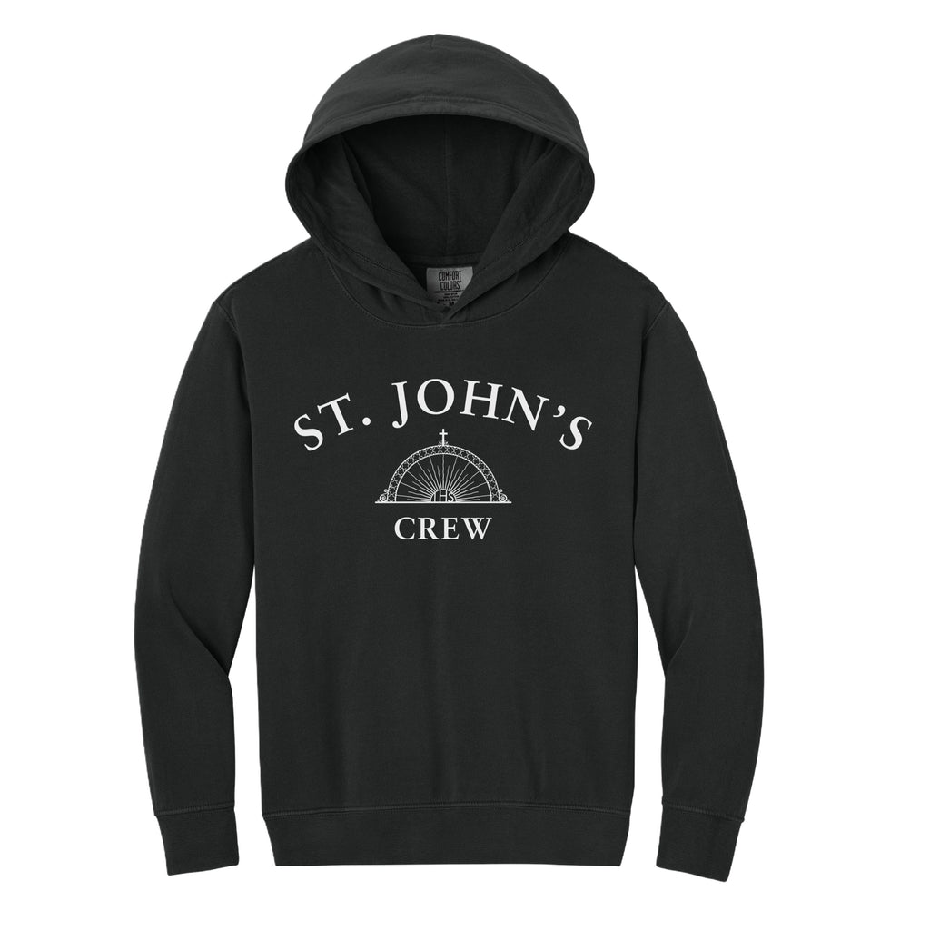 Black hoodie with 'St. John's Crew' text and logo on a white background