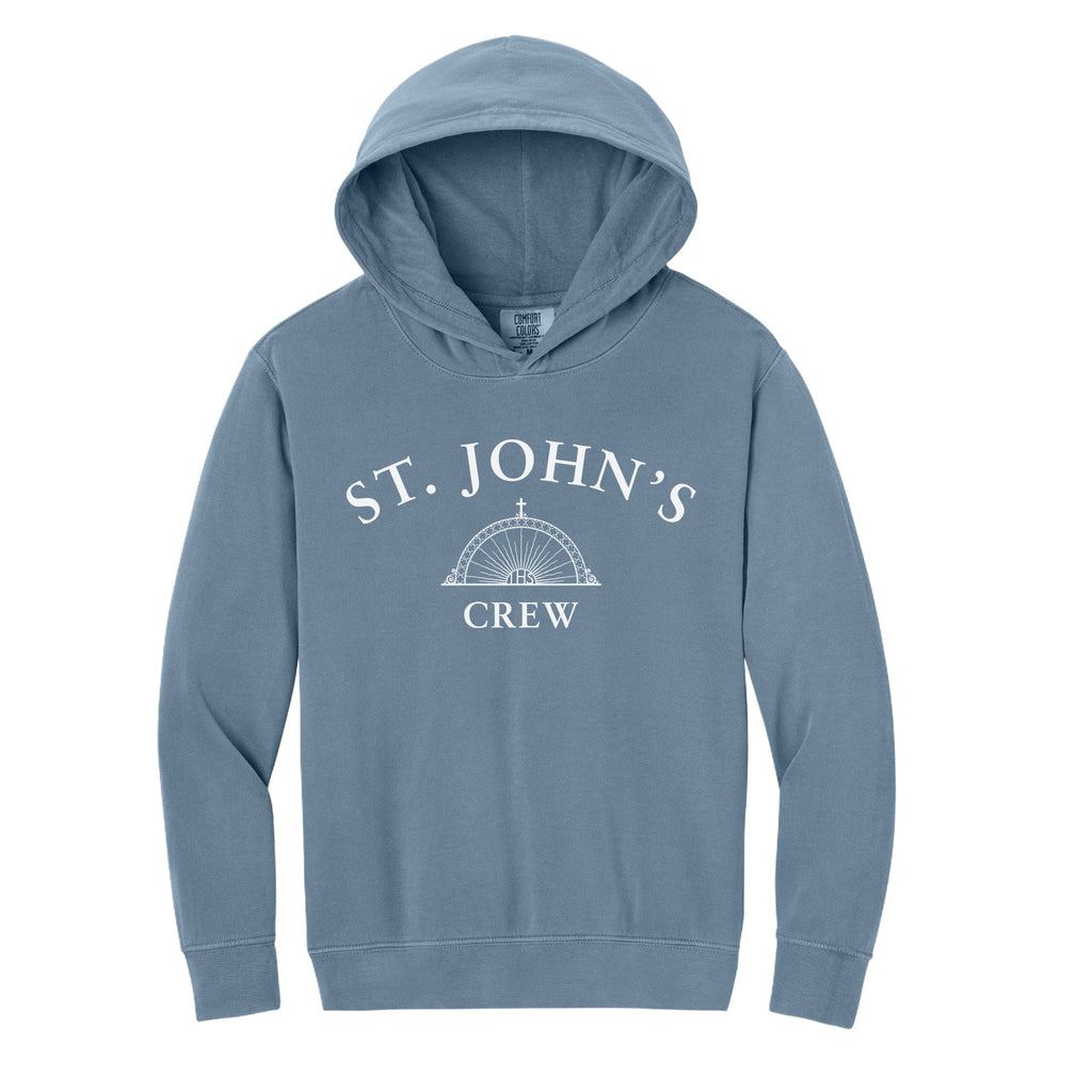 Blue hoodie with 'St. John's Crew' text and logo on a white background