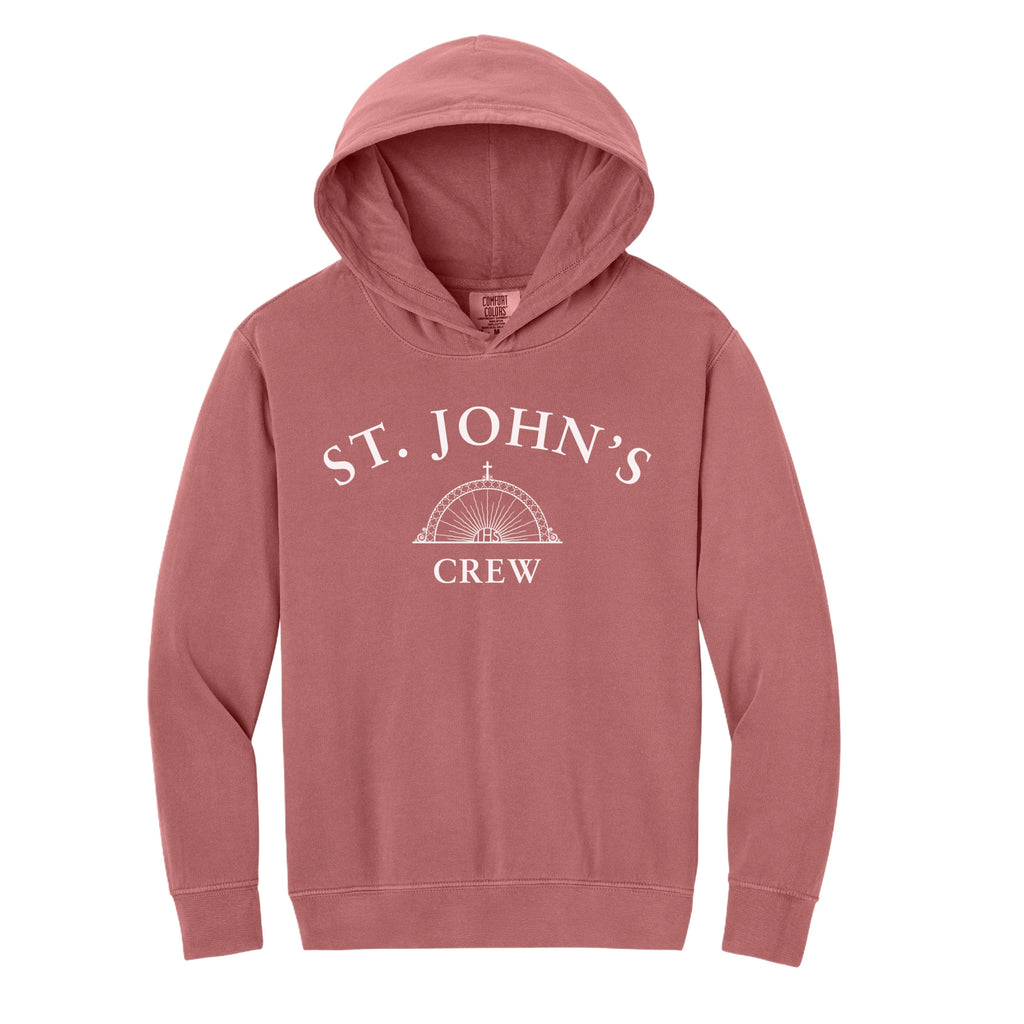 Pink hoodie with 'St. John's Crew' text and logo on a white background