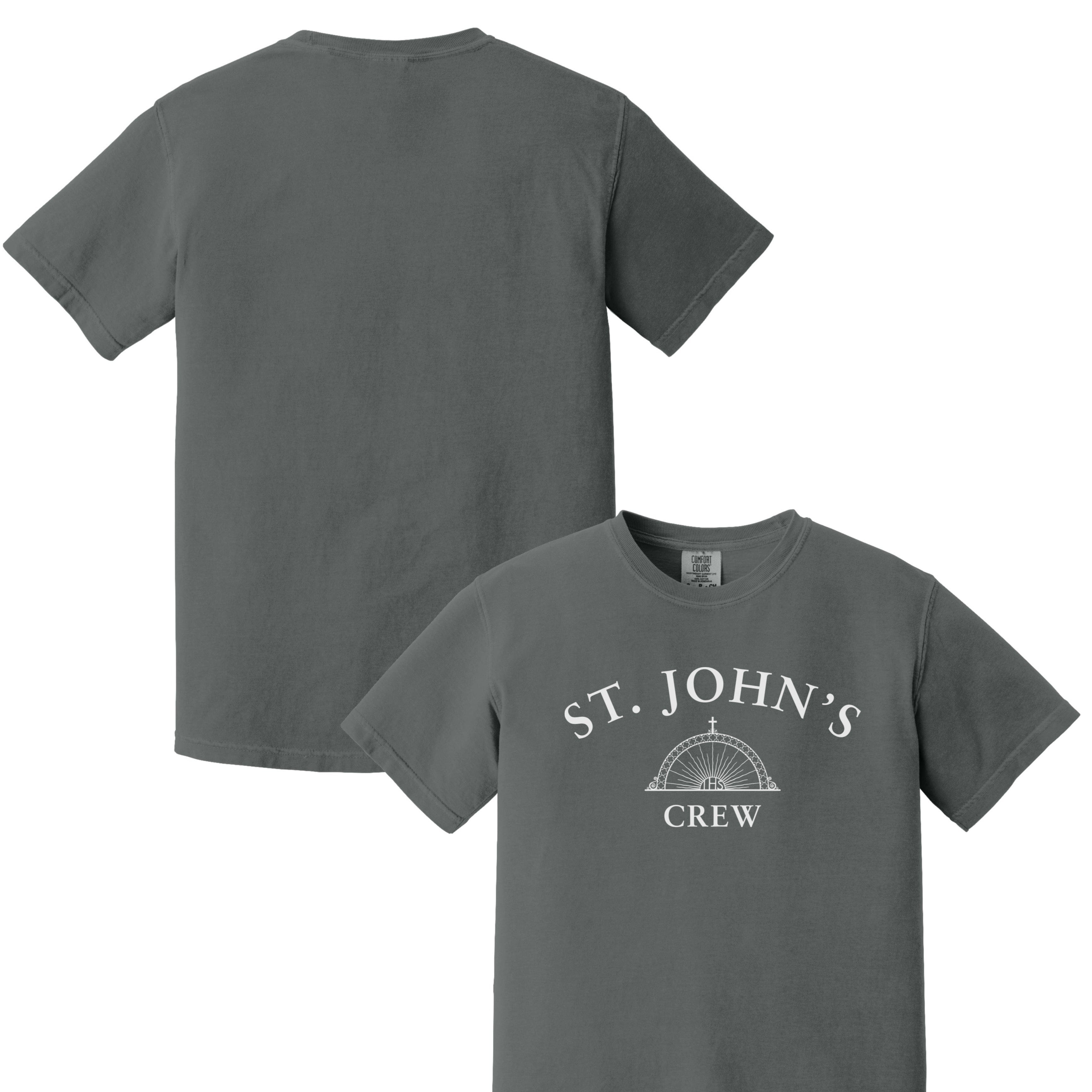 Gray t-shirt with 'St. John's Crew' design on a white background