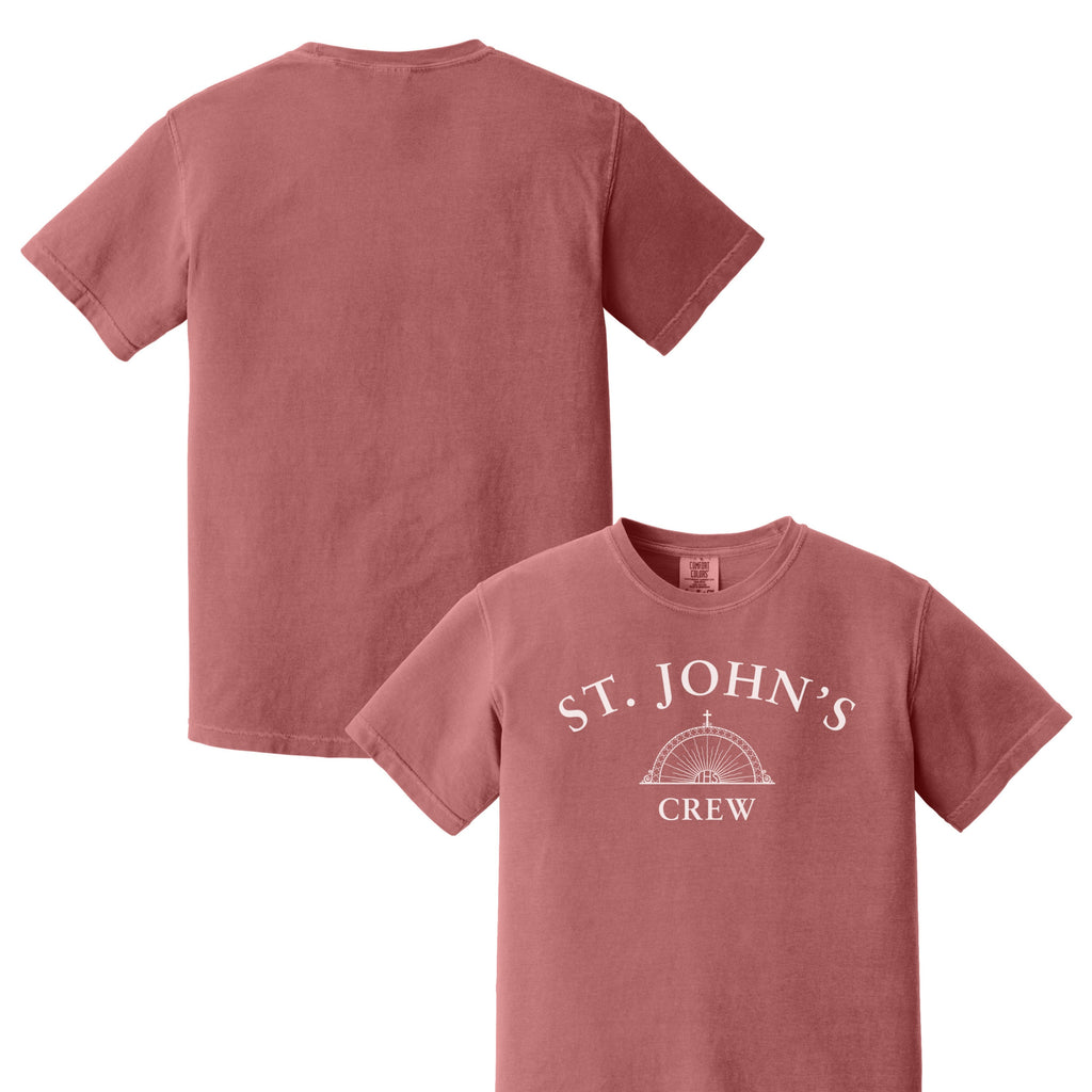 Mauve t-shirt with 'St. John's Crew' design on a white background