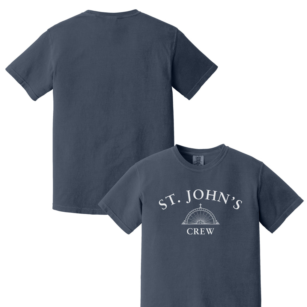 Navy blue t-shirt with 'St. John's Crew' logo on a white background