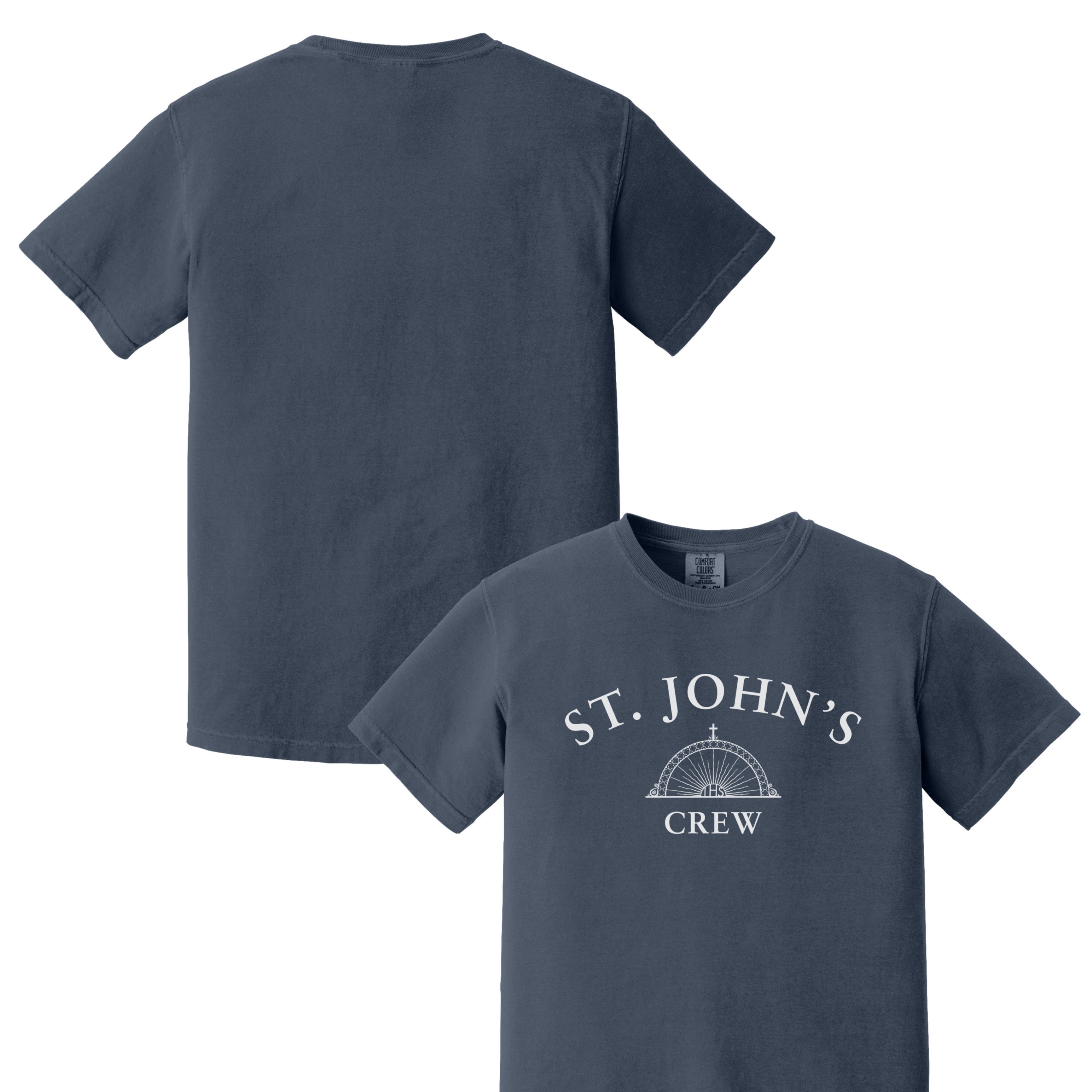 Navy blue t-shirt with 'St. John's Crew' logo on a white background