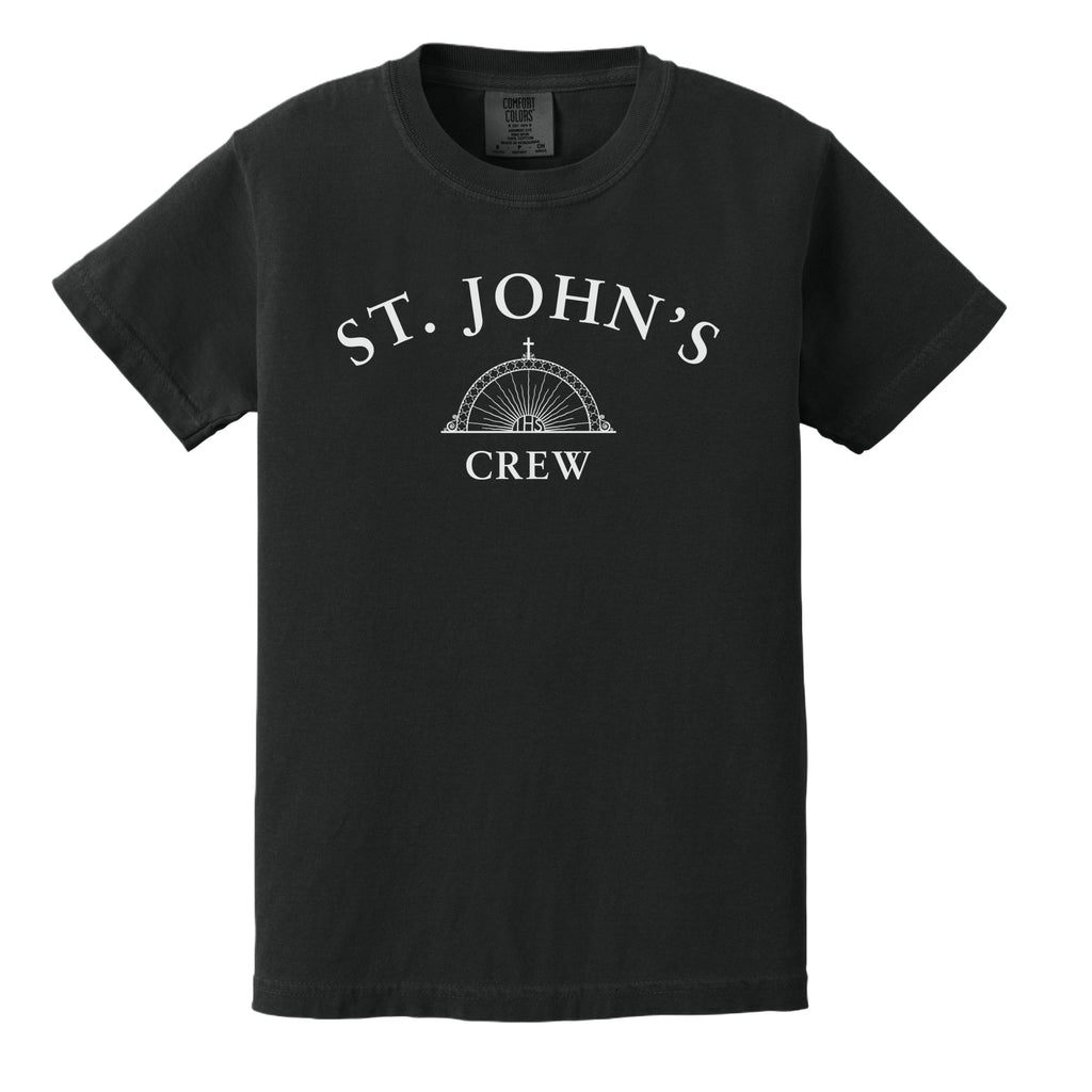 Black t-shirt with 'St. John's Crew' text and logo on a white background