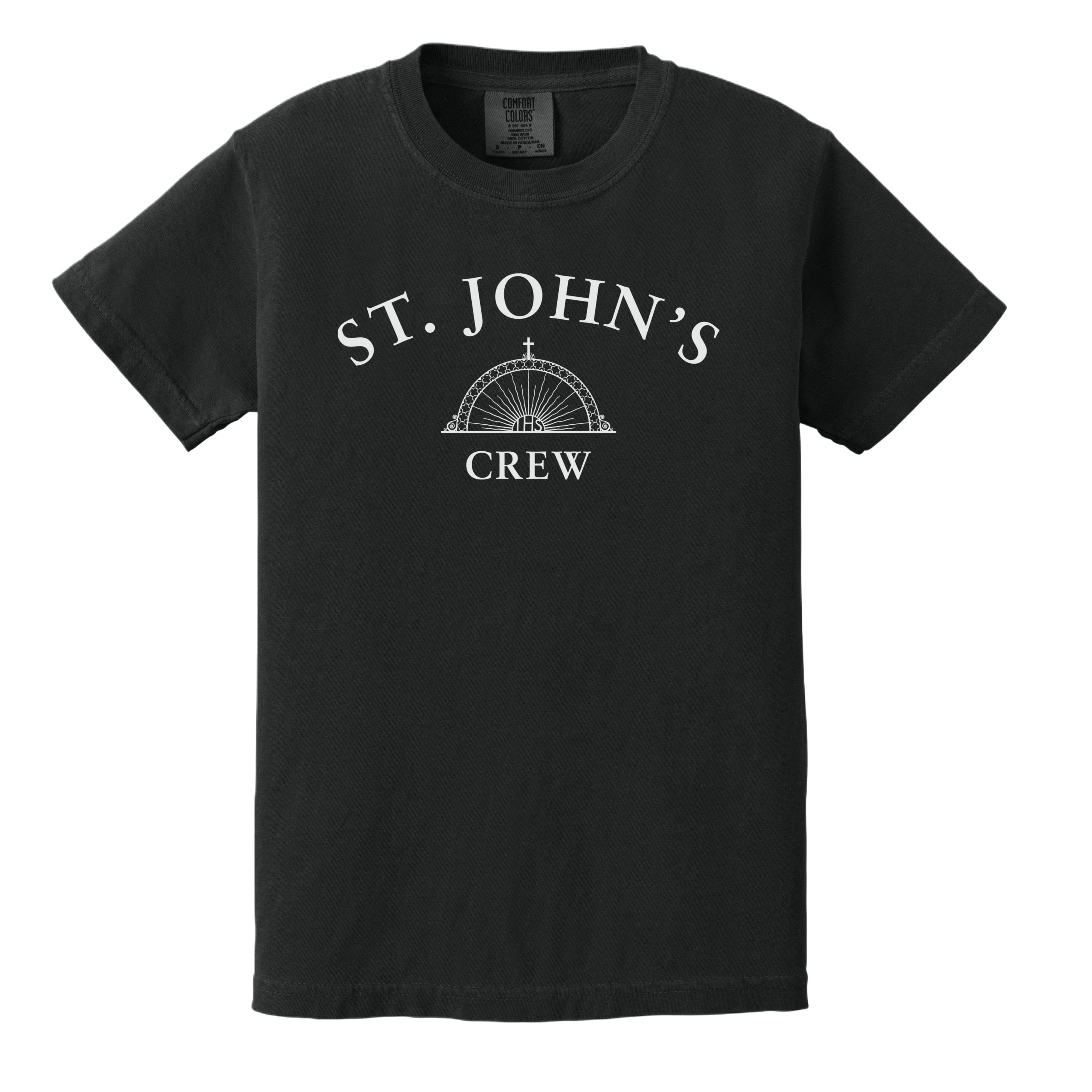 Black t-shirt with 'St. John's Crew' text and logo on a white background