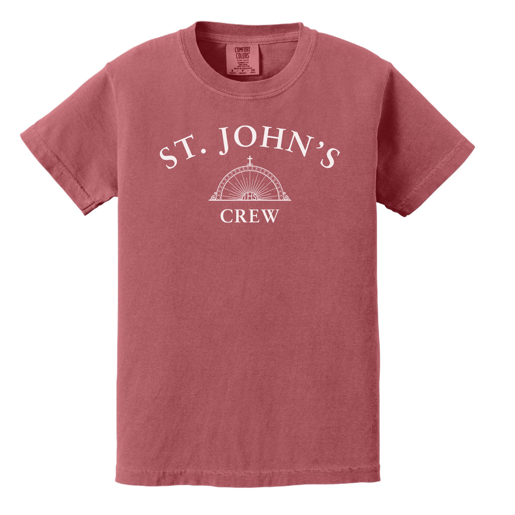 Red t-shirt with 'St. John's Crew' text and logo on a white background
