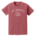 Red t-shirt with 'St. John's Crew' text and logo on a white background