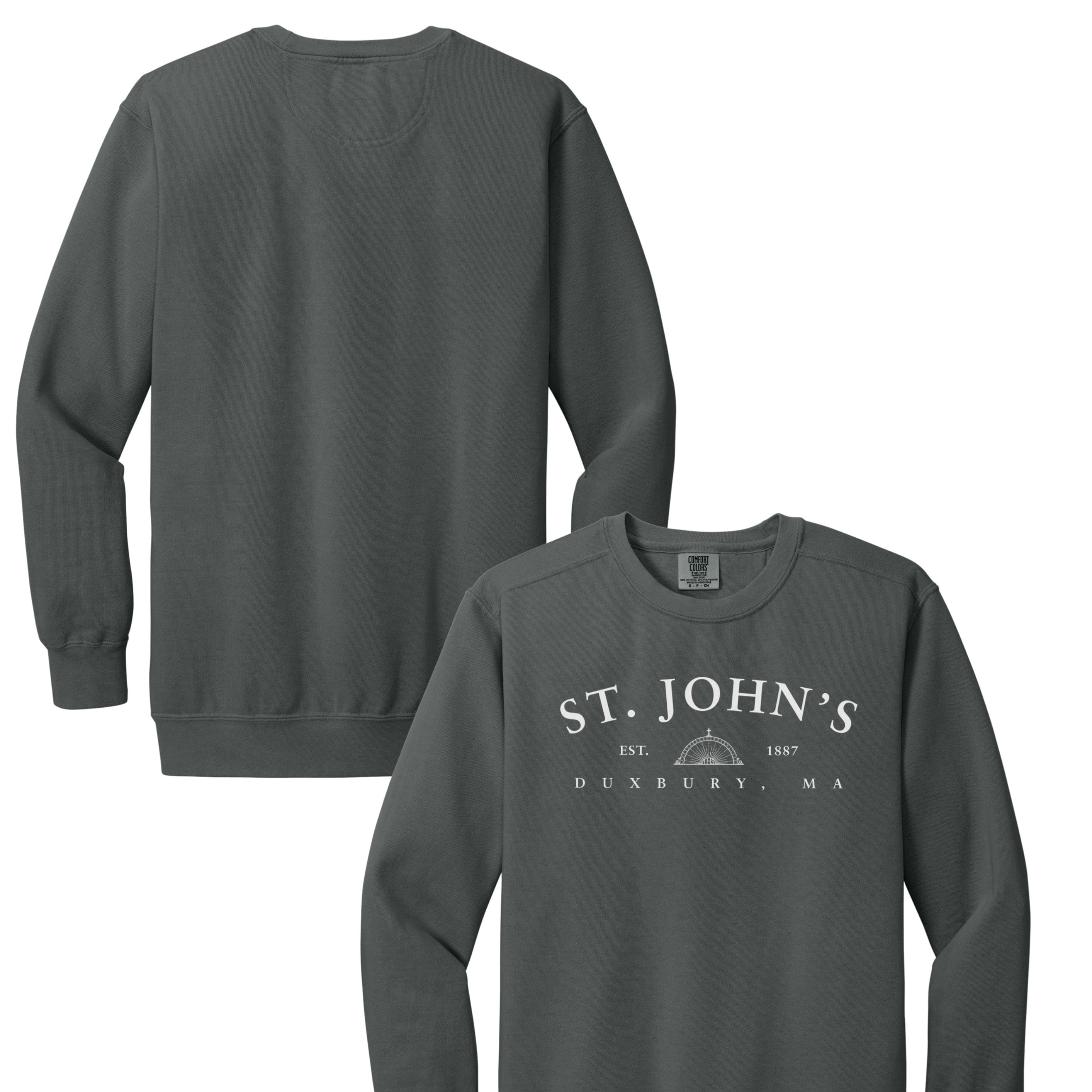Gray sweatshirt with 'St. John's Dunbury, MA' text on a white background