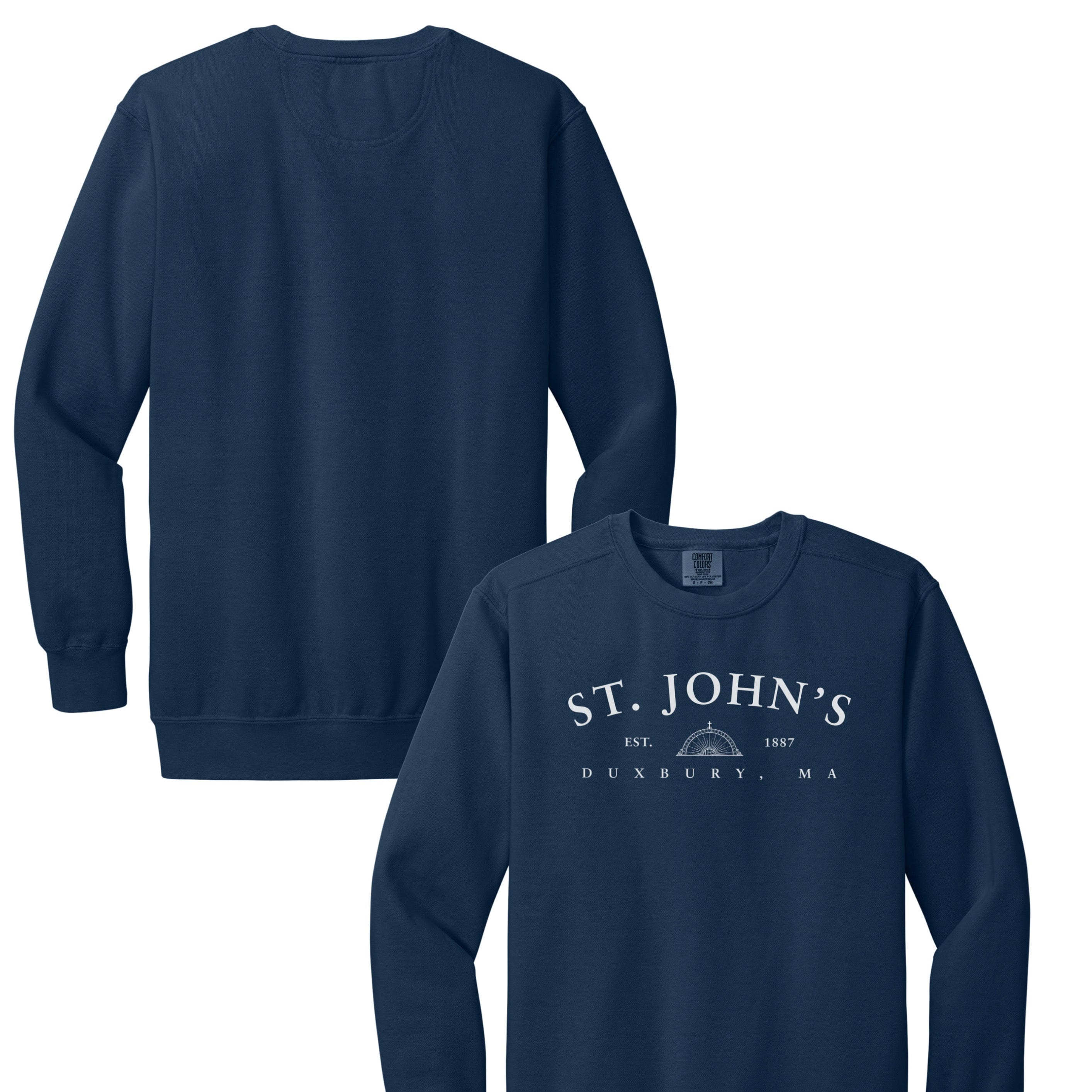 Navy blue sweatshirt with 'St. John's' text on a white background