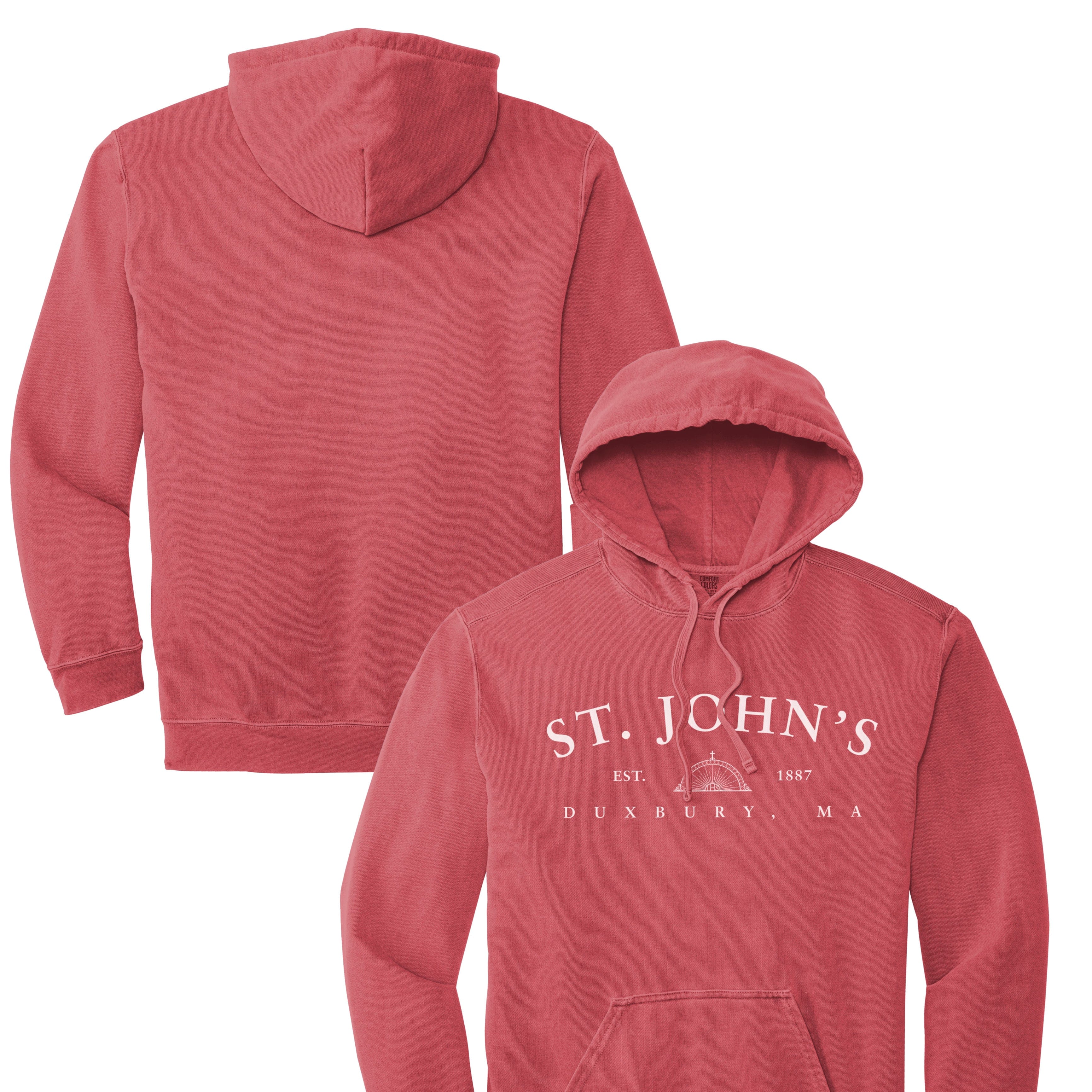 Red hoodie with 'St. John's' text on a white background
