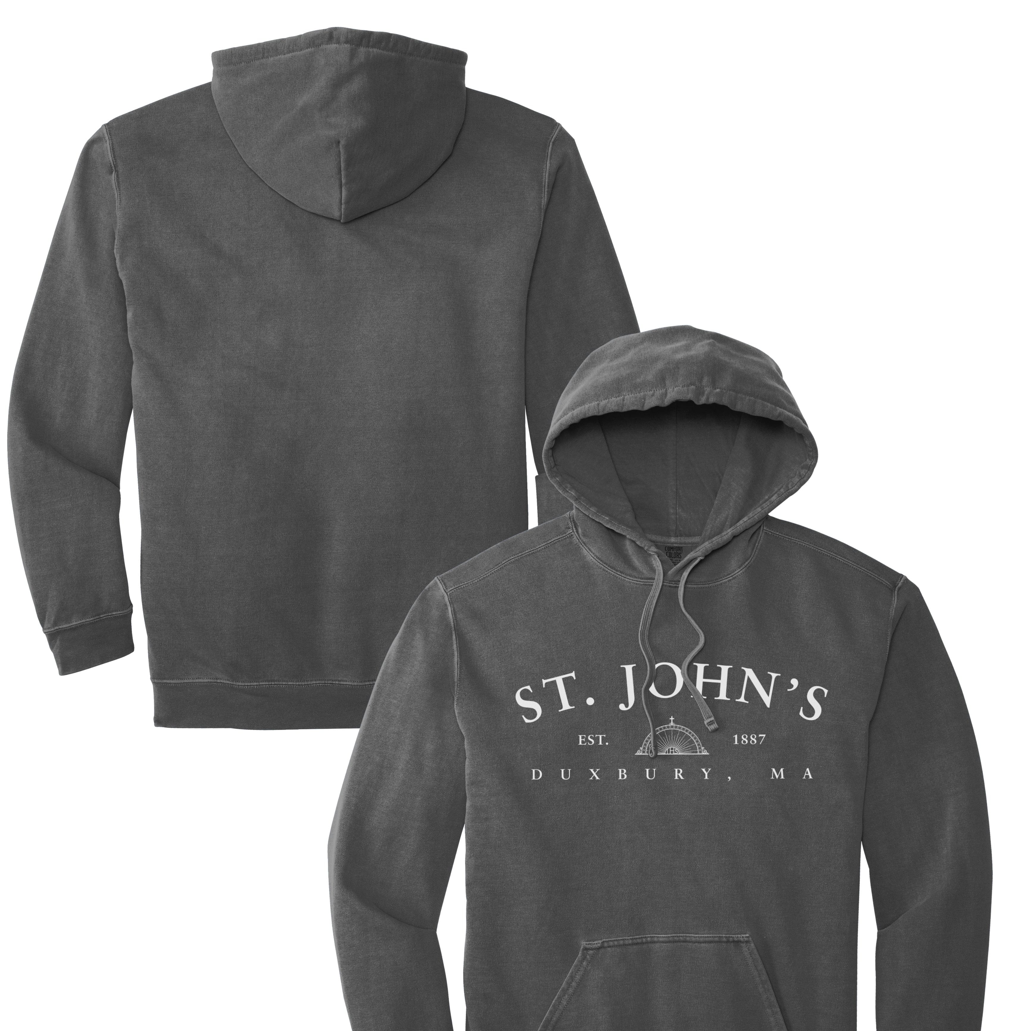 Gray hoodie with 'St. John's Duxbury, MA' text on a white background