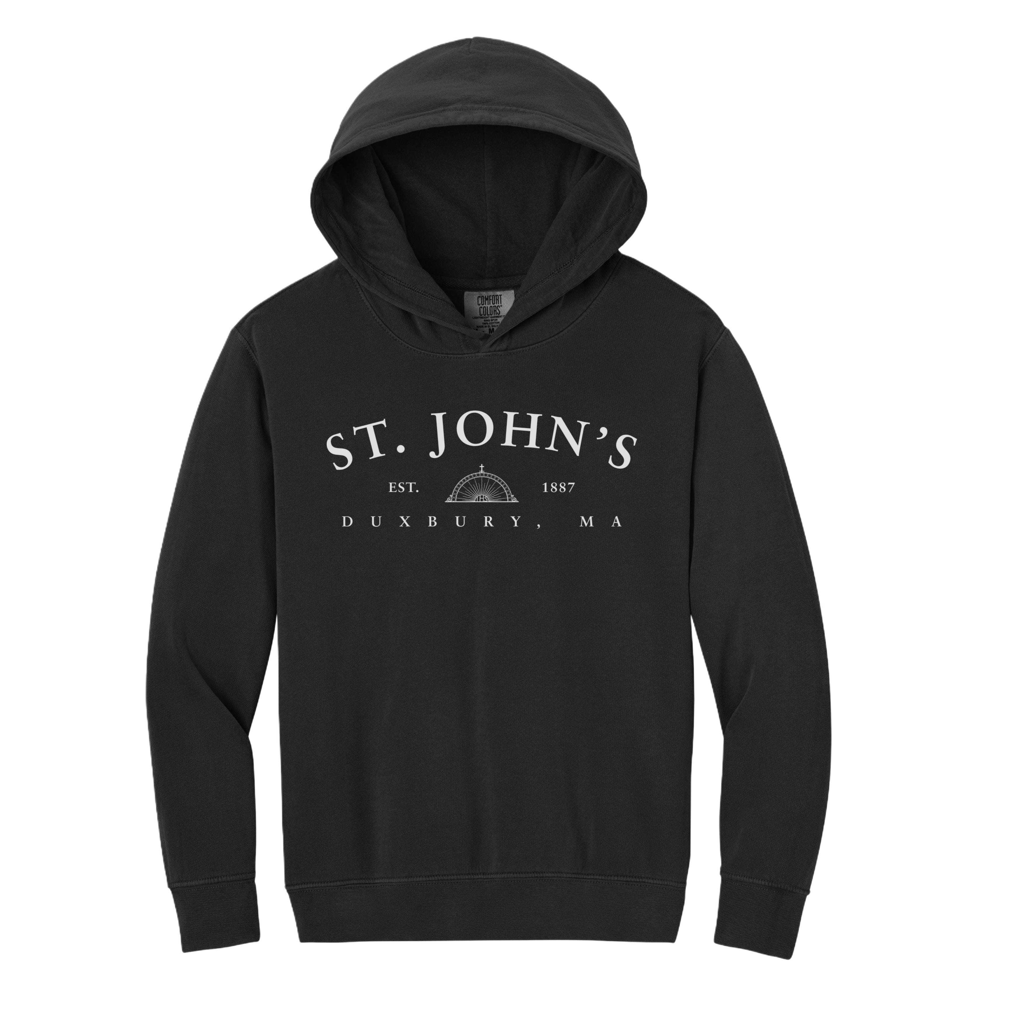 Black hoodie with 'St. John's Duxbury, MA' text on a white background