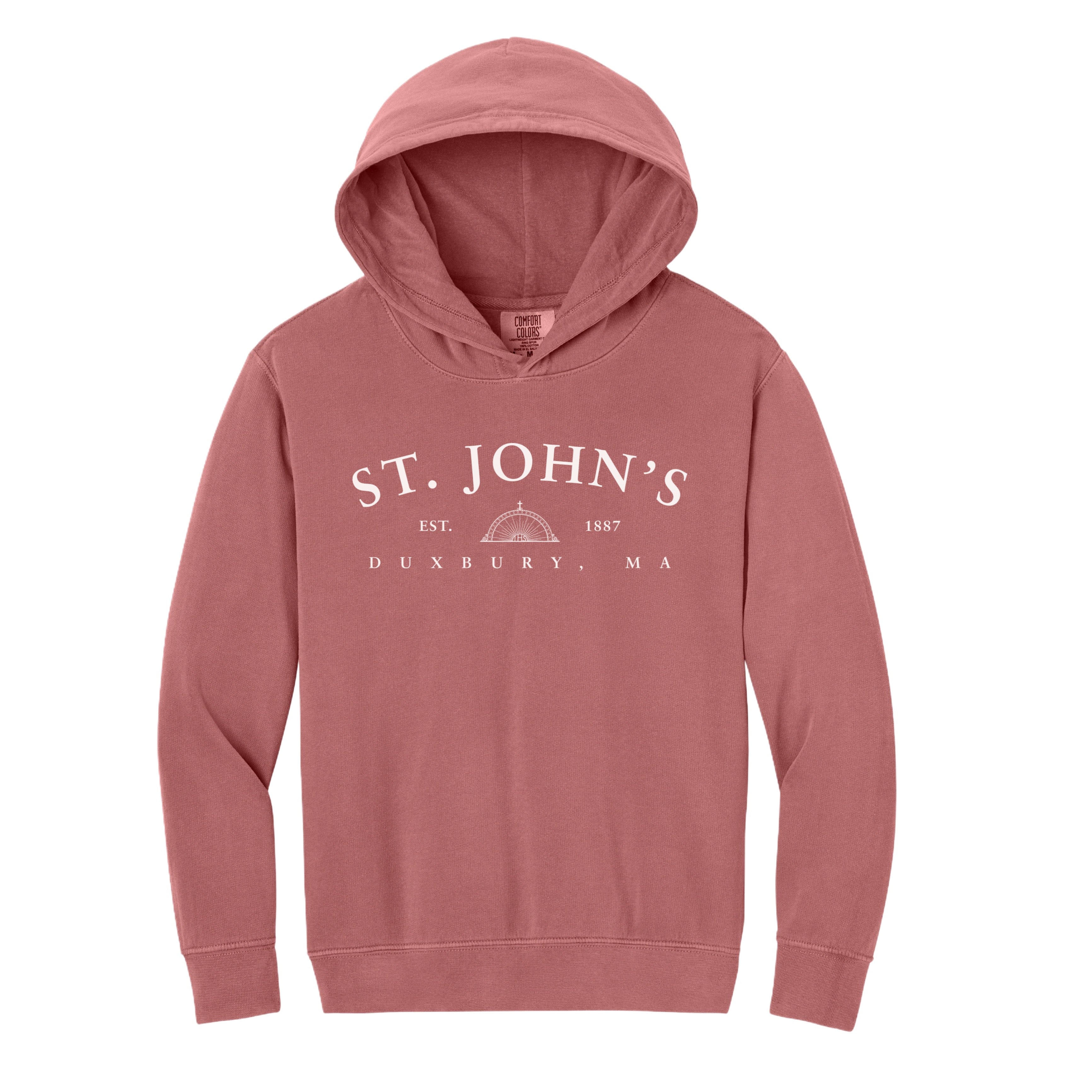 Pink hoodie with 'St. John's' text on a white background