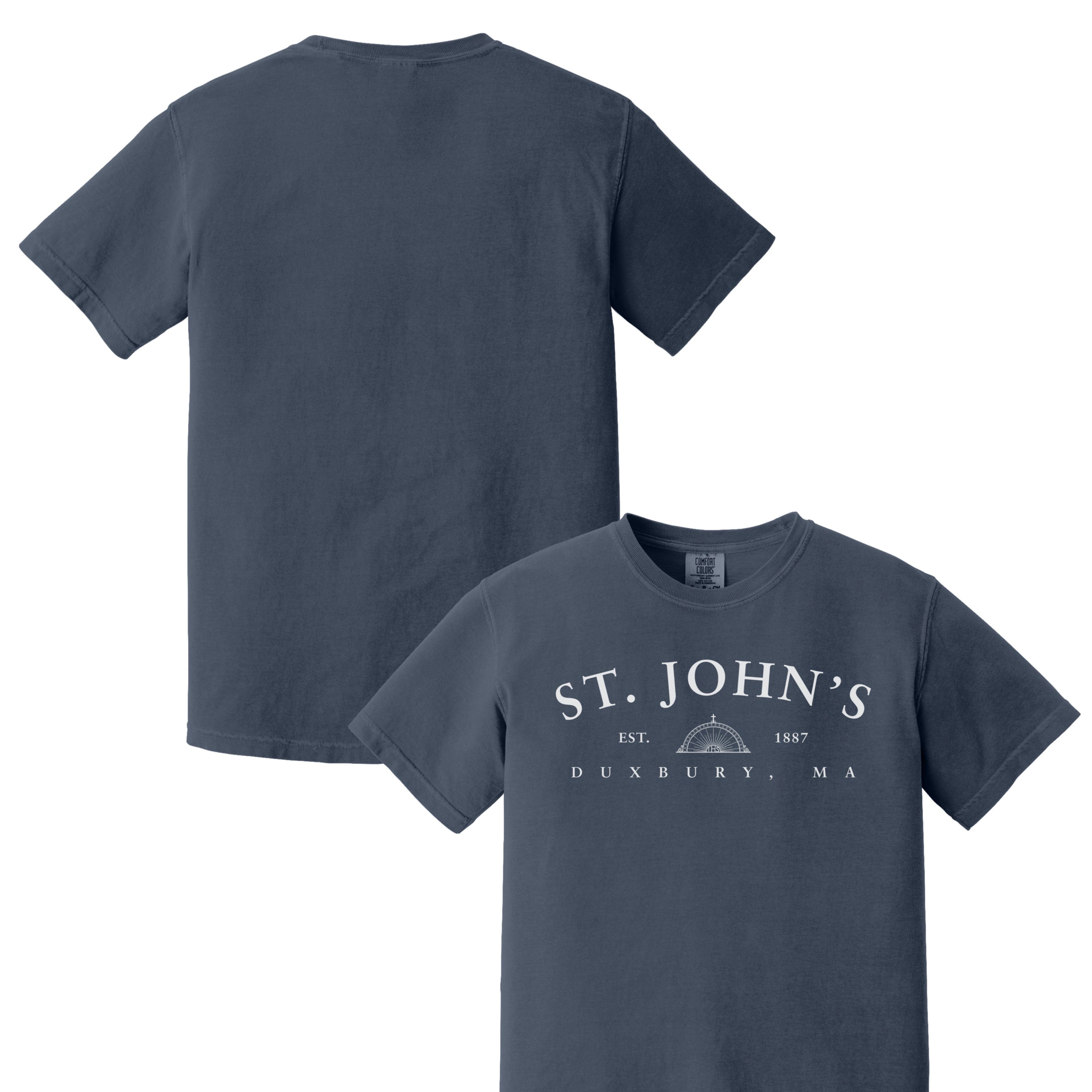 Navy blue t-shirt with 'St. John's Duxbury, MA' text on a white background