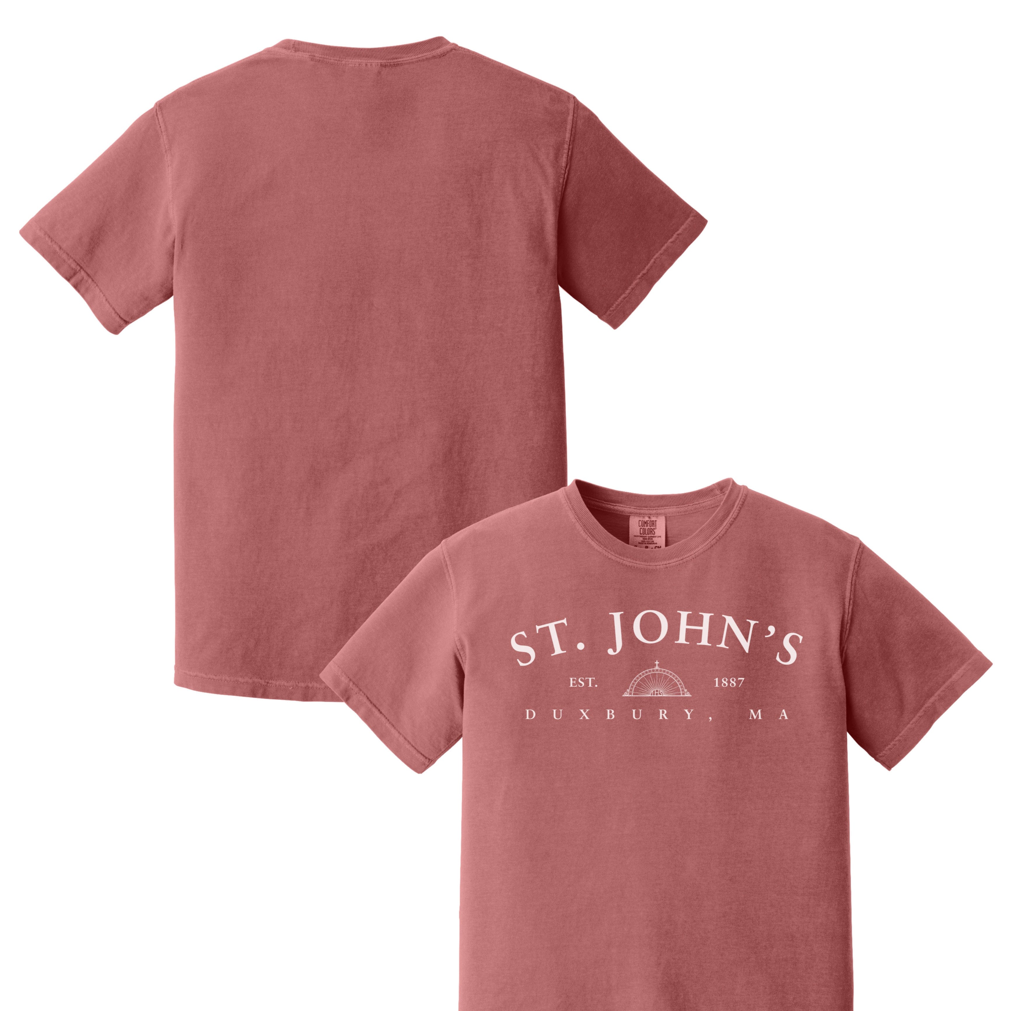Red t-shirt with 'St. John's Duxbury, MA' text on a white background